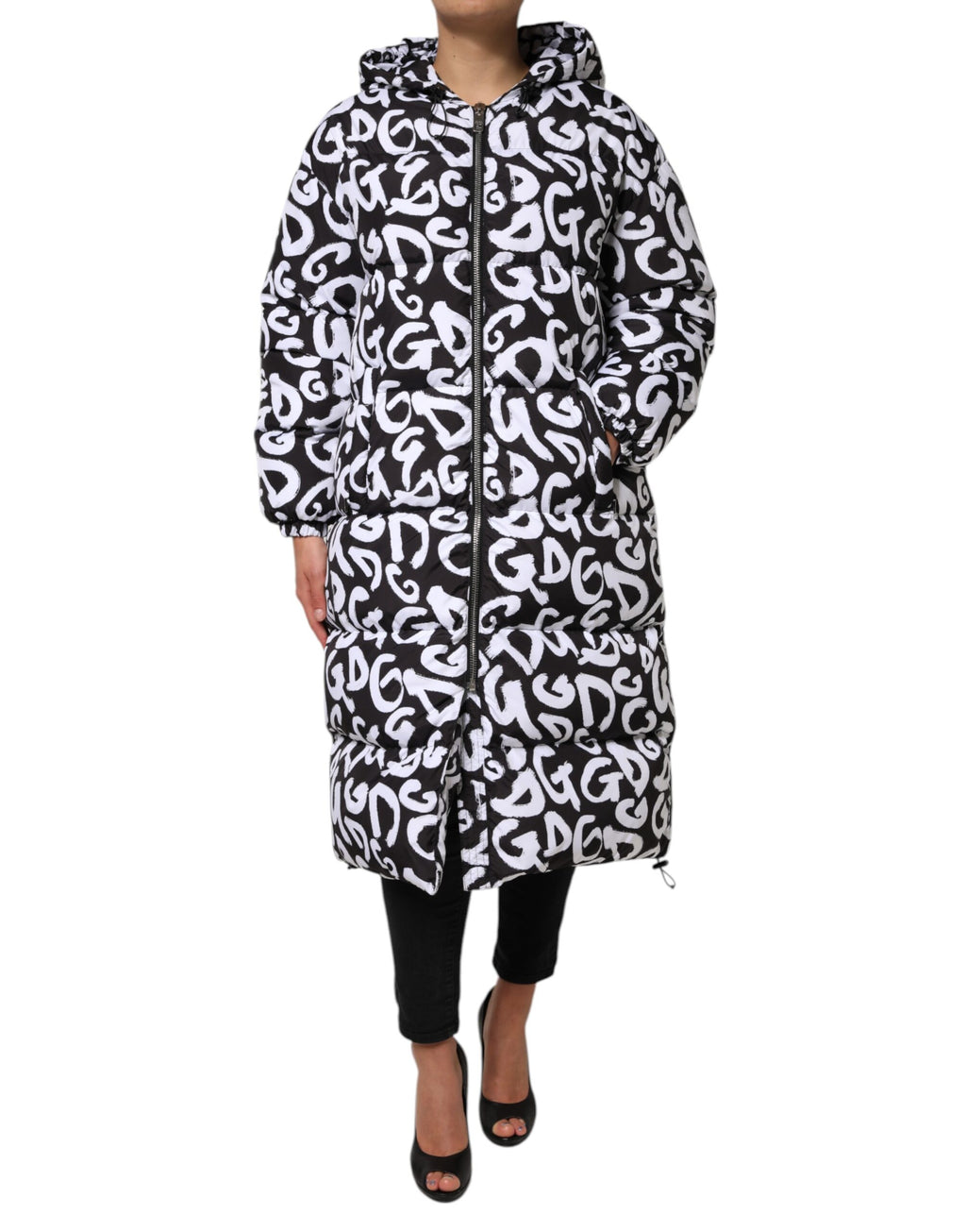 Dolce & Gabbana Black White DG Mania Long Hooded Coat Jacket