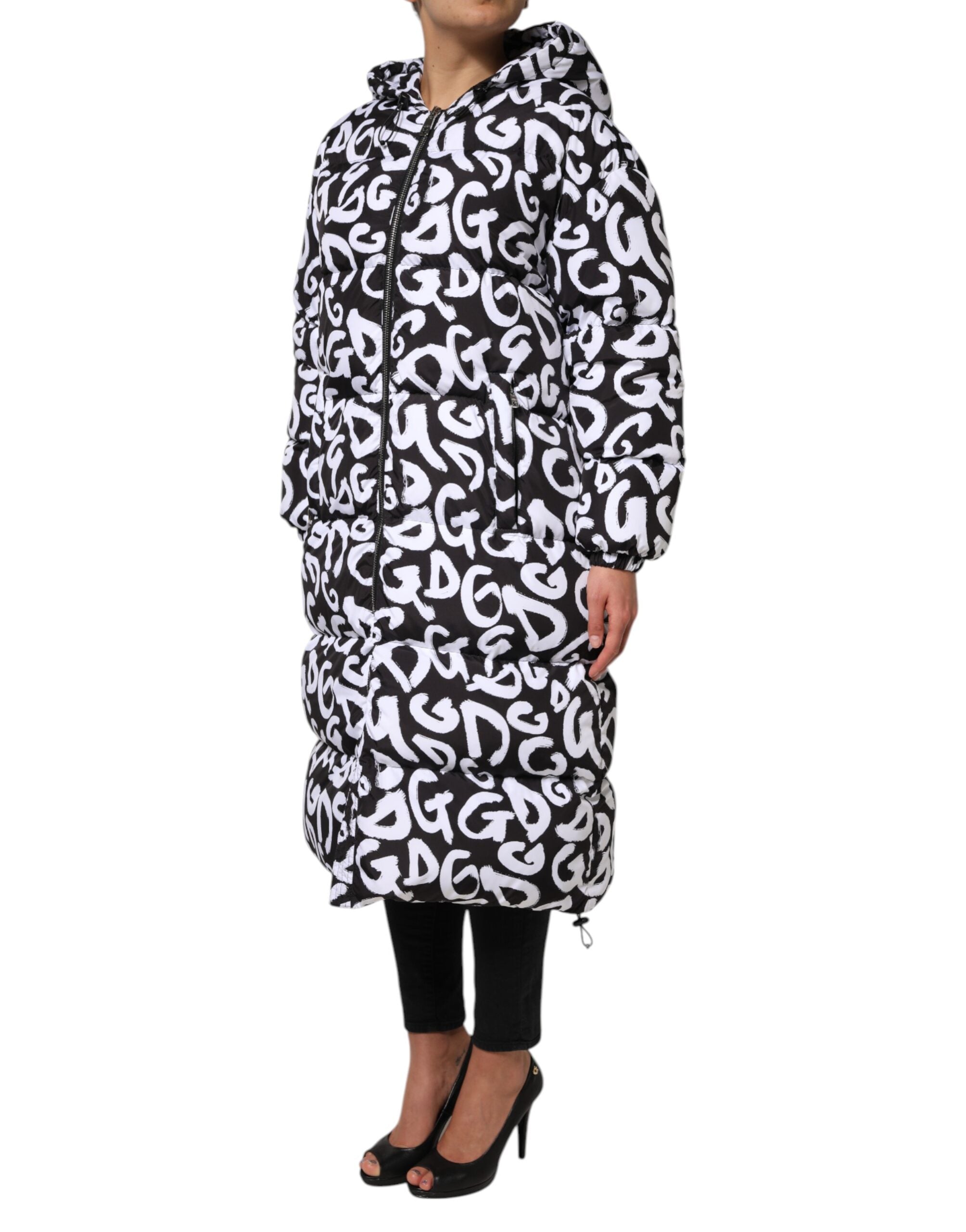 Dolce & Gabbana Black White DG Mania Long Hooded Coat Jacket