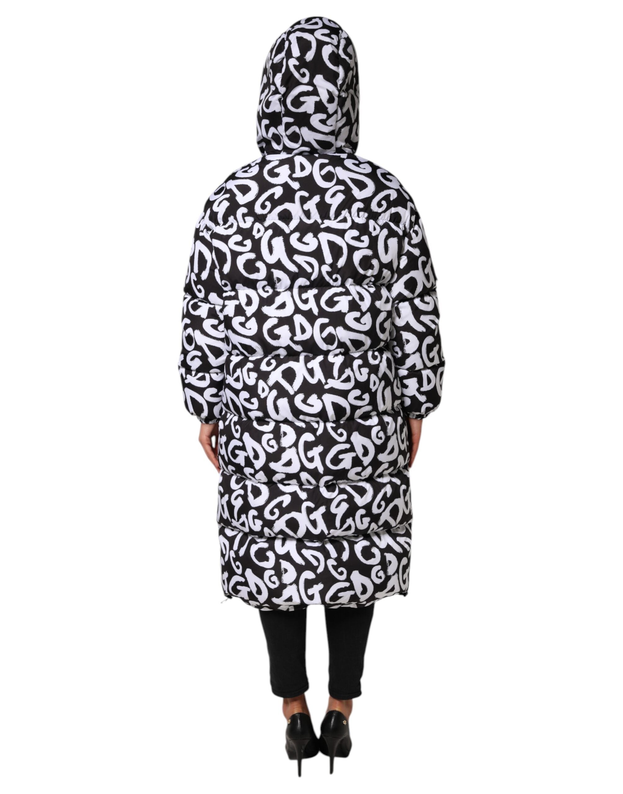 Dolce & Gabbana Black White DG Mania Long Hooded Coat Jacket