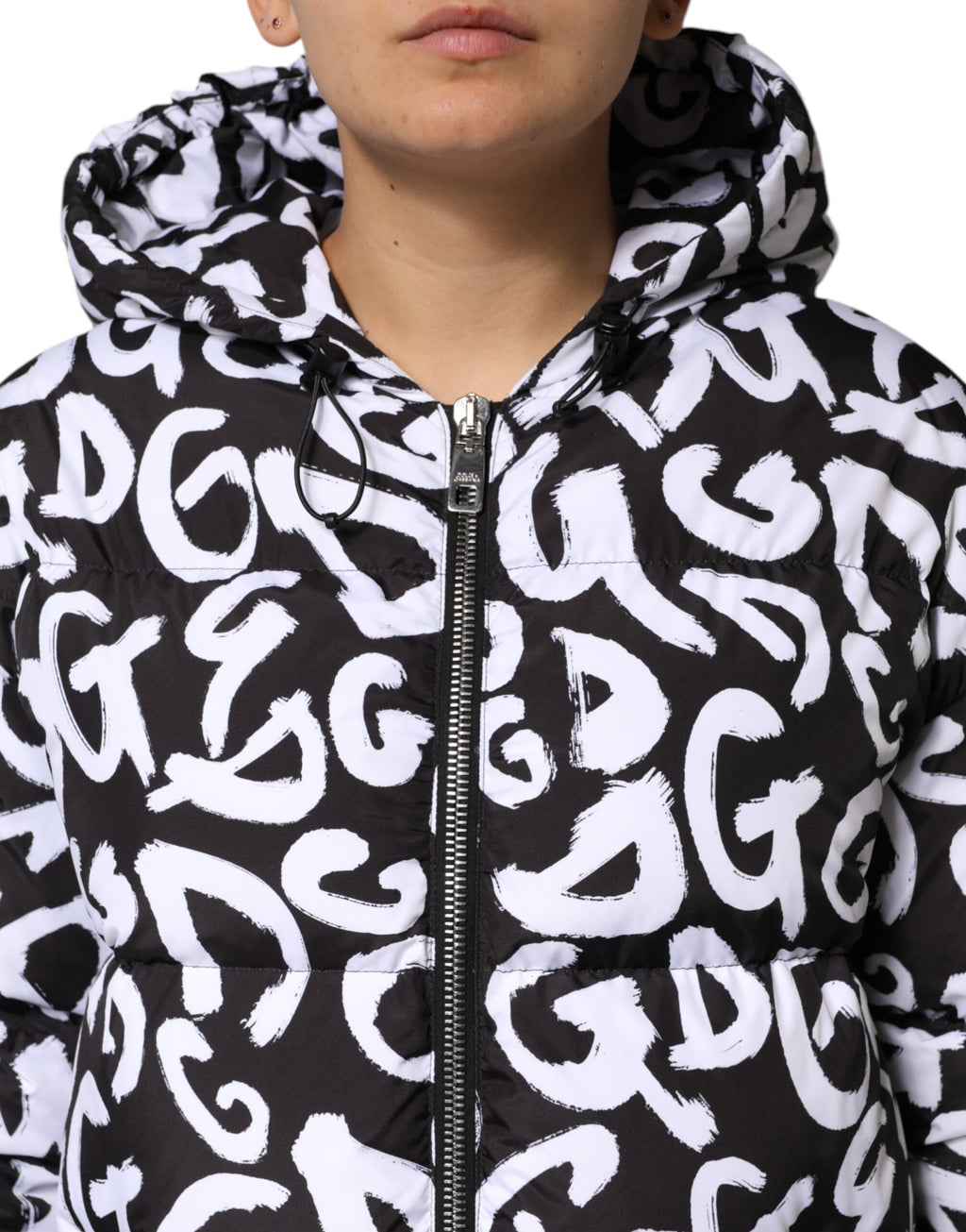 Dolce & Gabbana Black White DG Mania Long Hooded Coat Jacket