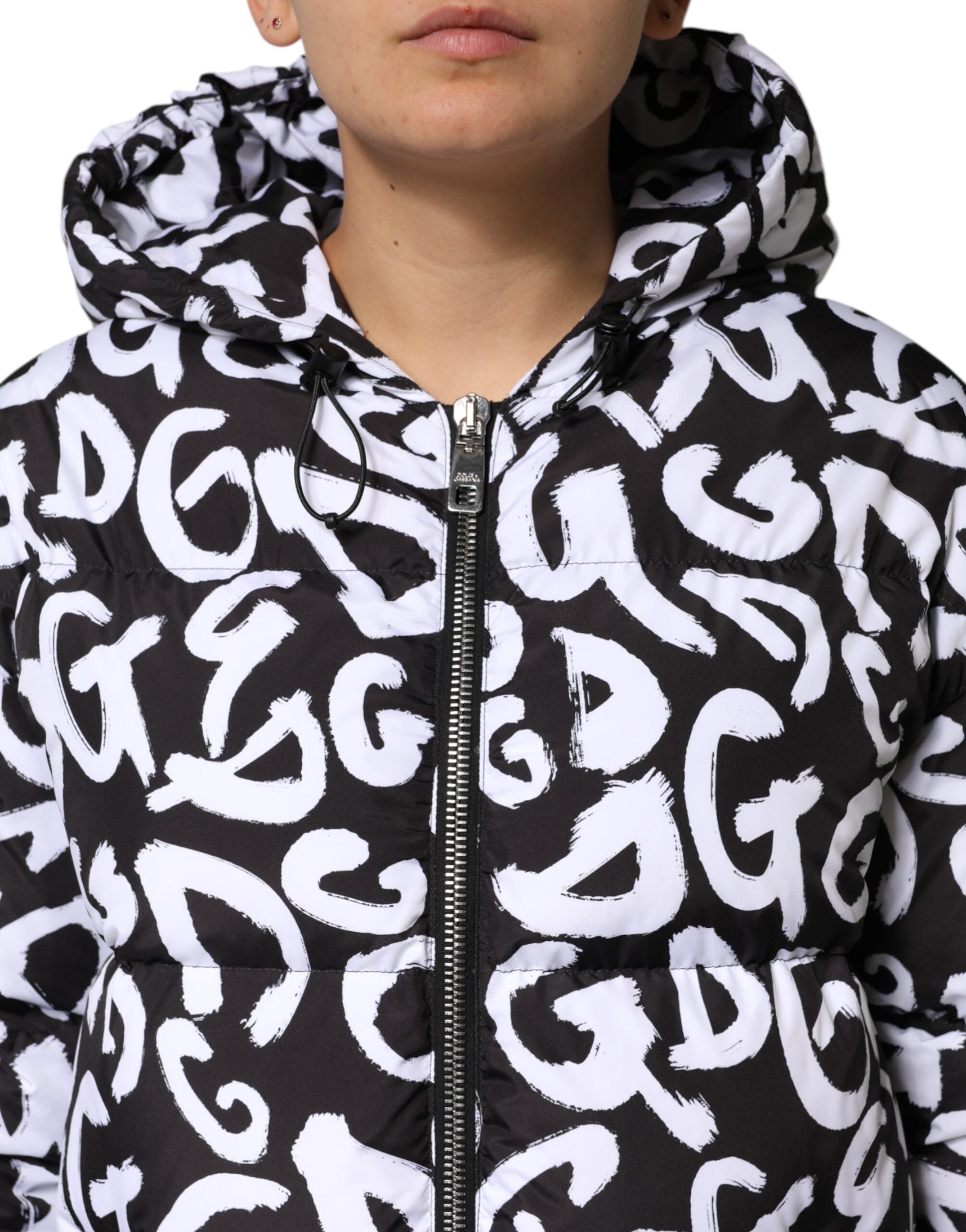 Dolce & Gabbana Black White DG Mania Long Hooded Coat Jacket