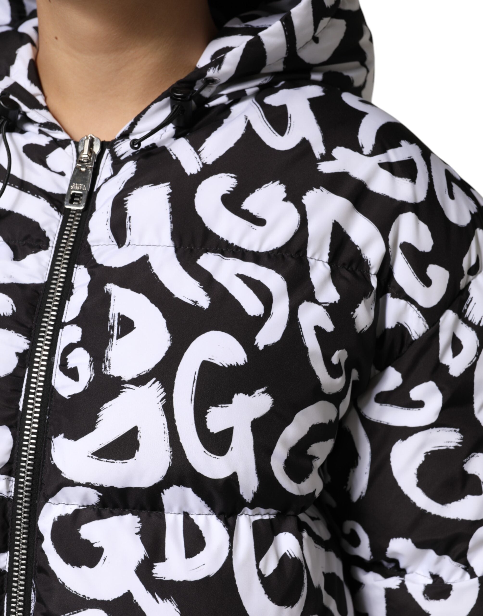 Dolce & Gabbana Black White DG Mania Long Hooded Coat Jacket