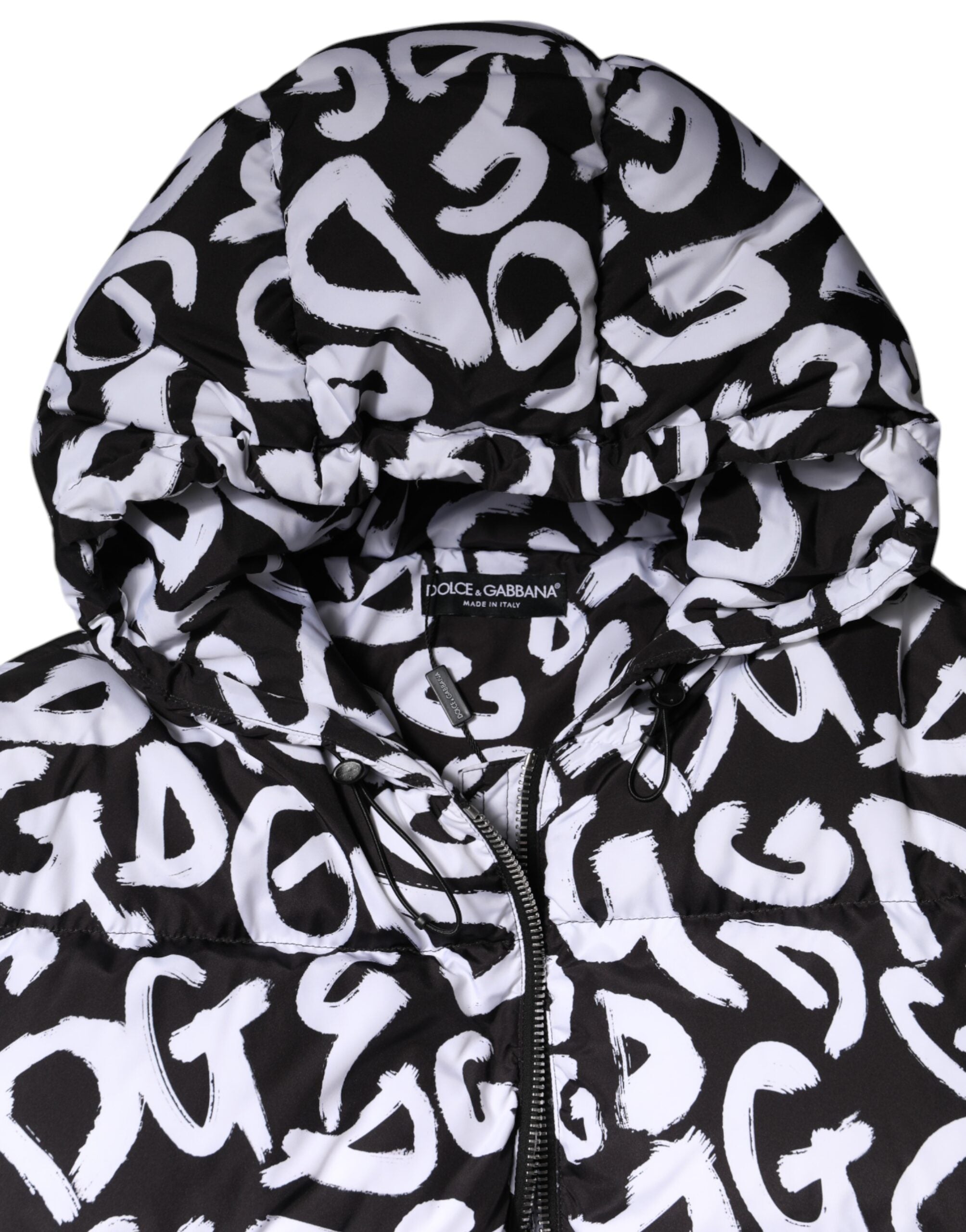 Dolce & Gabbana Black White DG Mania Long Hooded Coat Jacket
