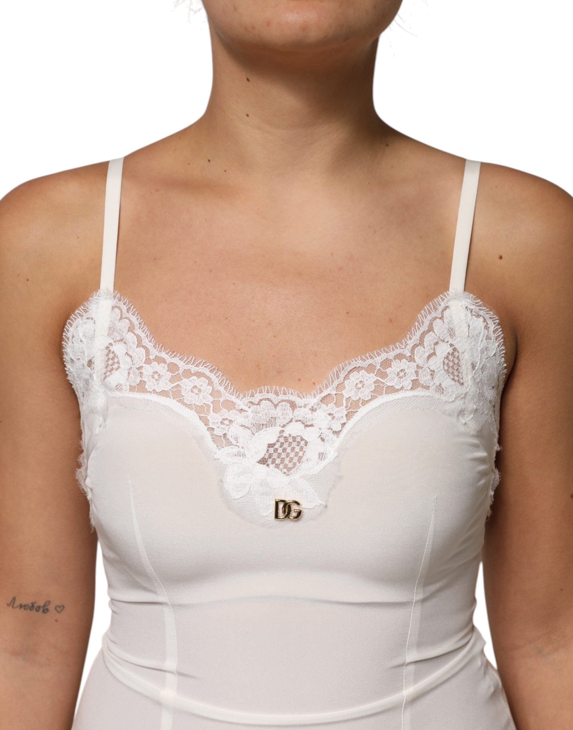 Dolce & Gabbana White Silk Lace Nightwear Dress with Gold DG Logo