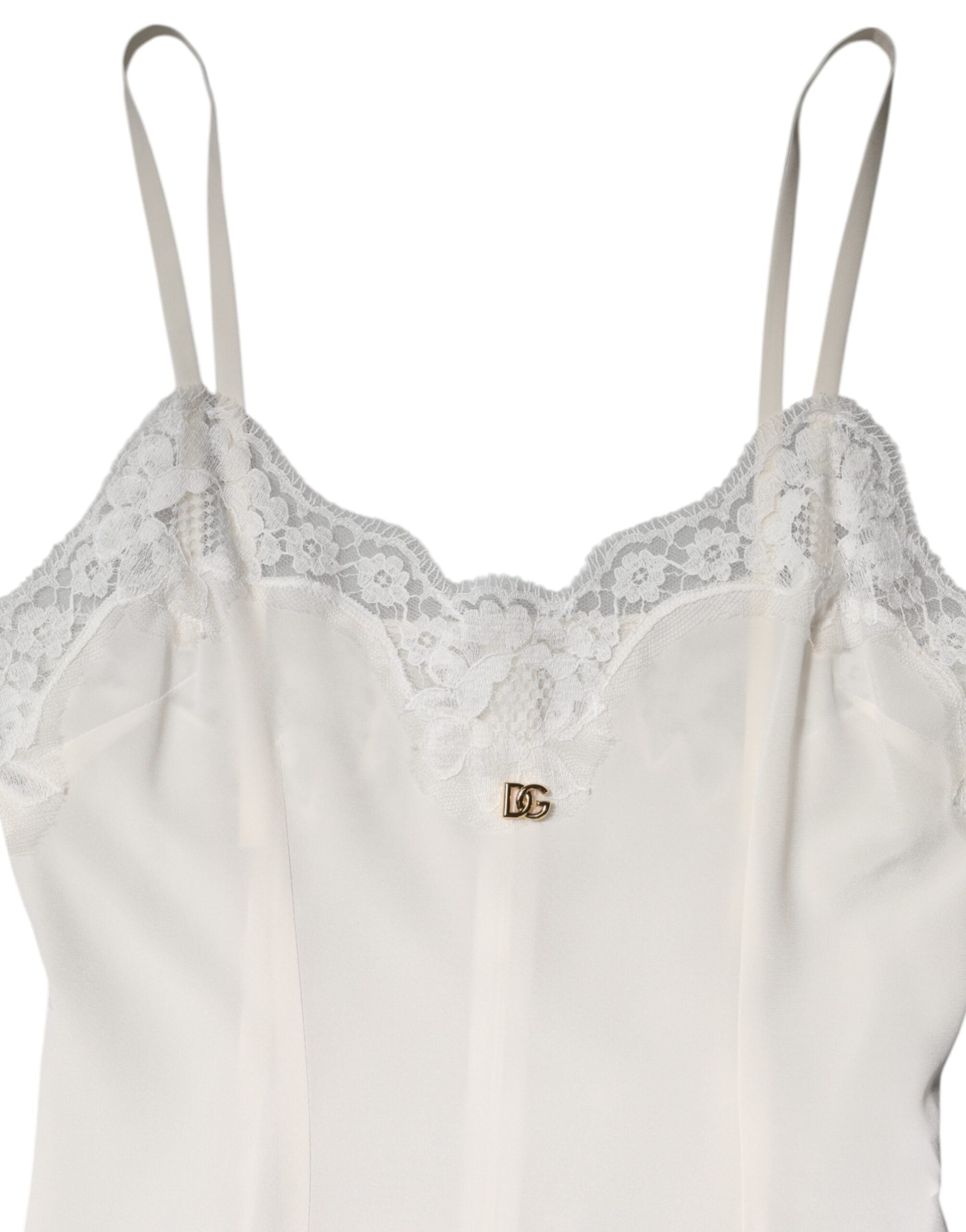 Dolce & Gabbana White Silk Lace Nightwear Dress with Gold DG Logo