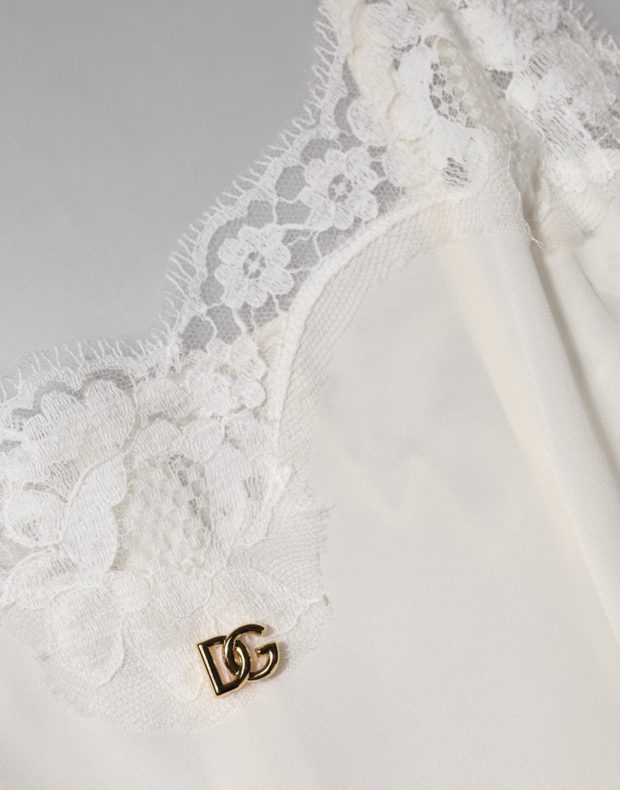 Dolce & Gabbana White Silk Lace Nightwear Dress with Gold DG Logo