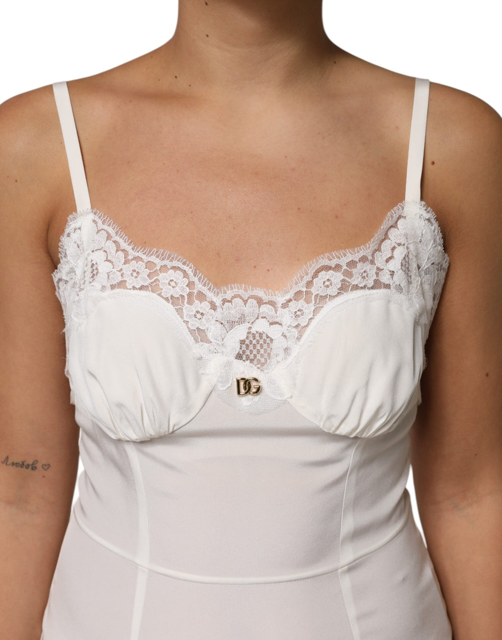 Dolce & Gabbana White DG Logo Silk Lace Nightwear Dress