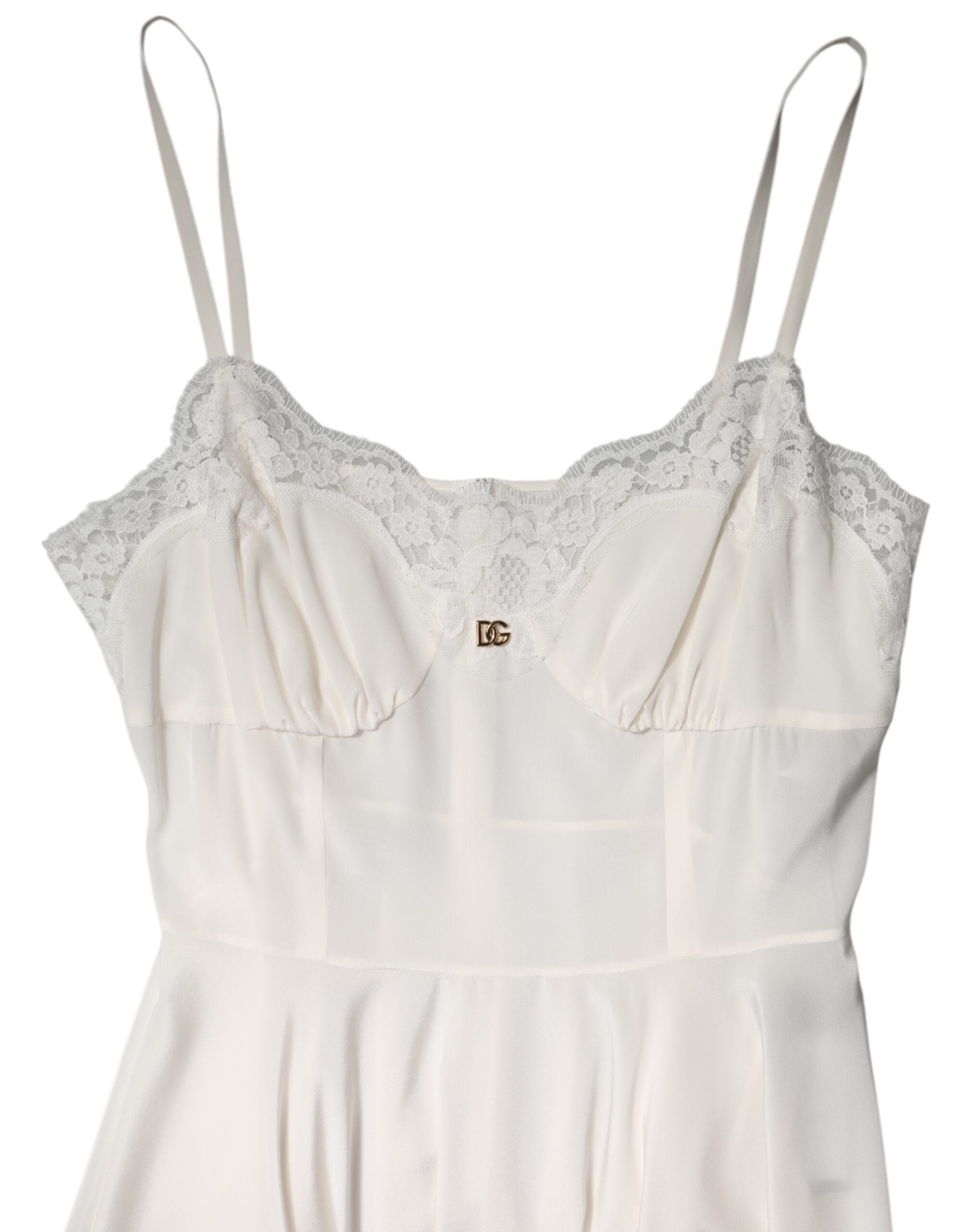Dolce & Gabbana Weißes Spitzenkleid mit goldenem DG-Logo aus Seide Nachtwäsche