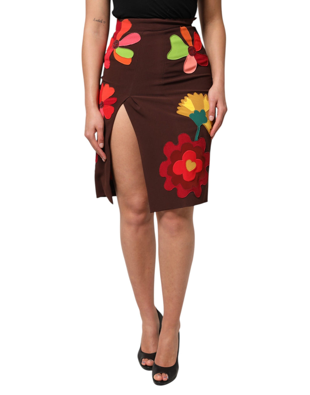 Dolce & Gabbana Brown Floral High-Waisted Skirt with Side Slit