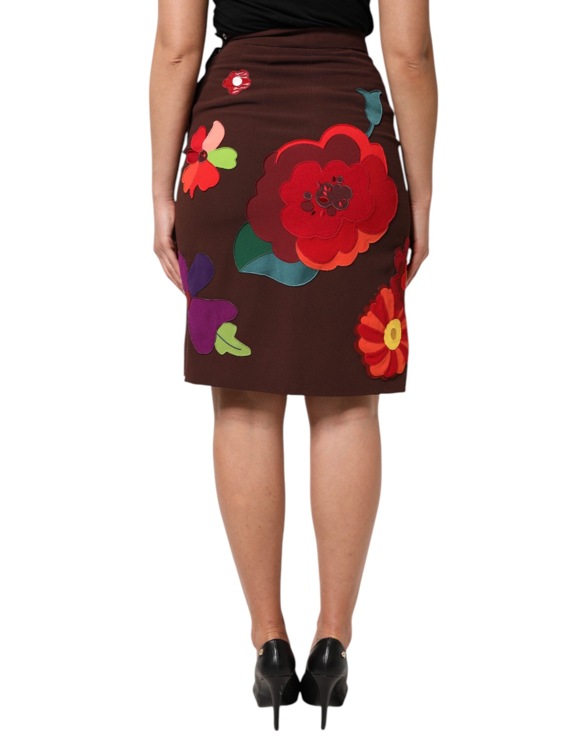 Dolce & Gabbana Brown Floral High-Waisted Skirt with Side Slit