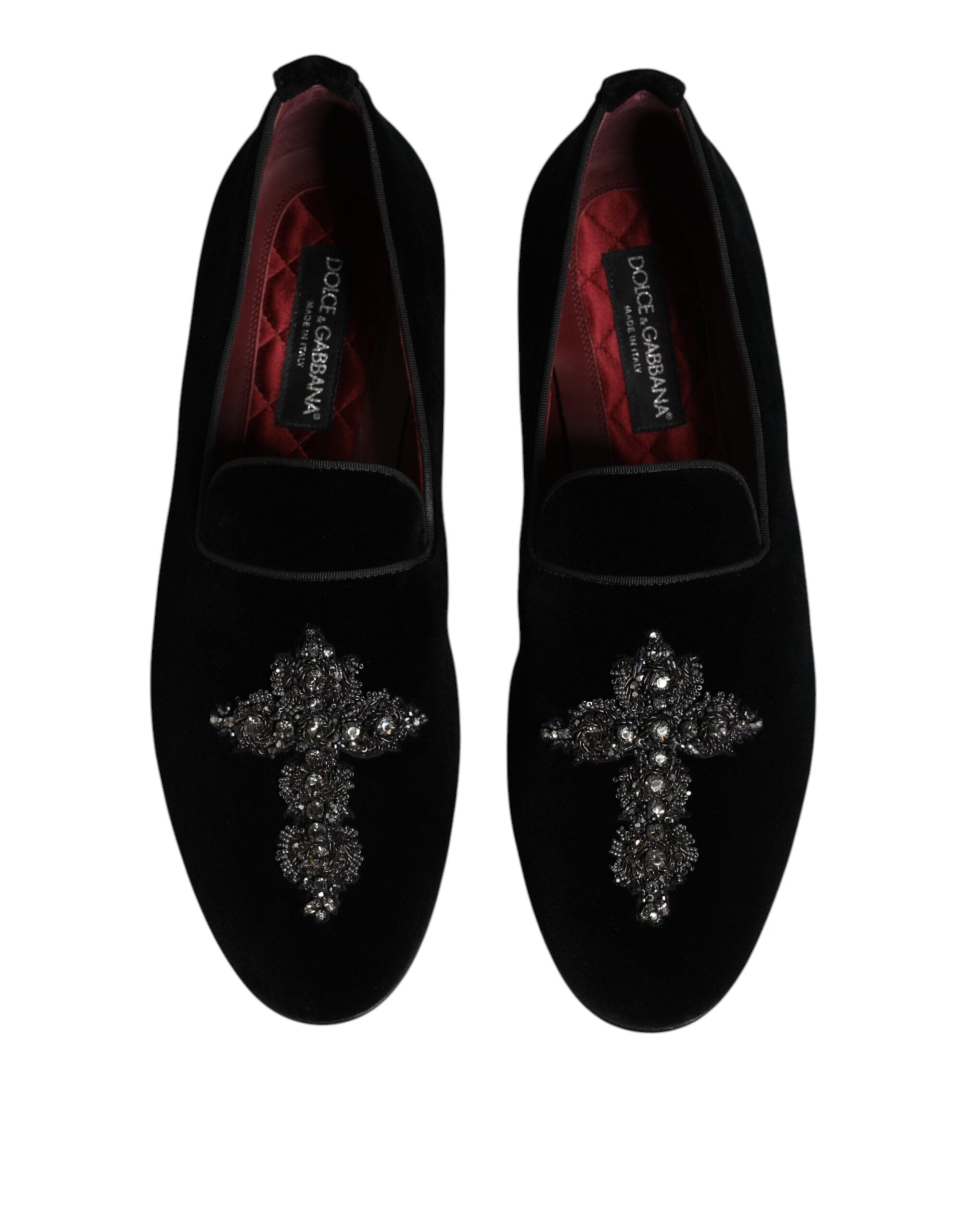 Dolce & Gabbana Black Velvet Embellished Loafer Slip-On Shoes