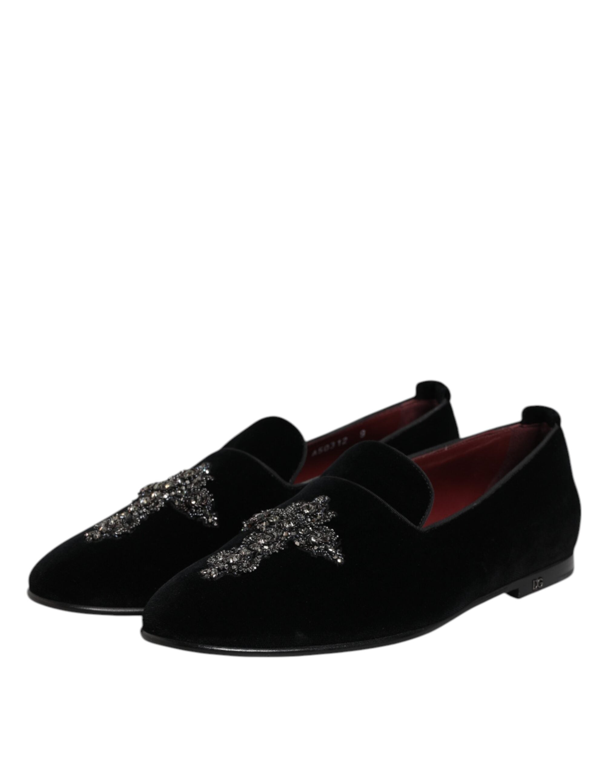 Dolce & Gabbana Black Velvet Embellished Loafer Slip-On Shoes