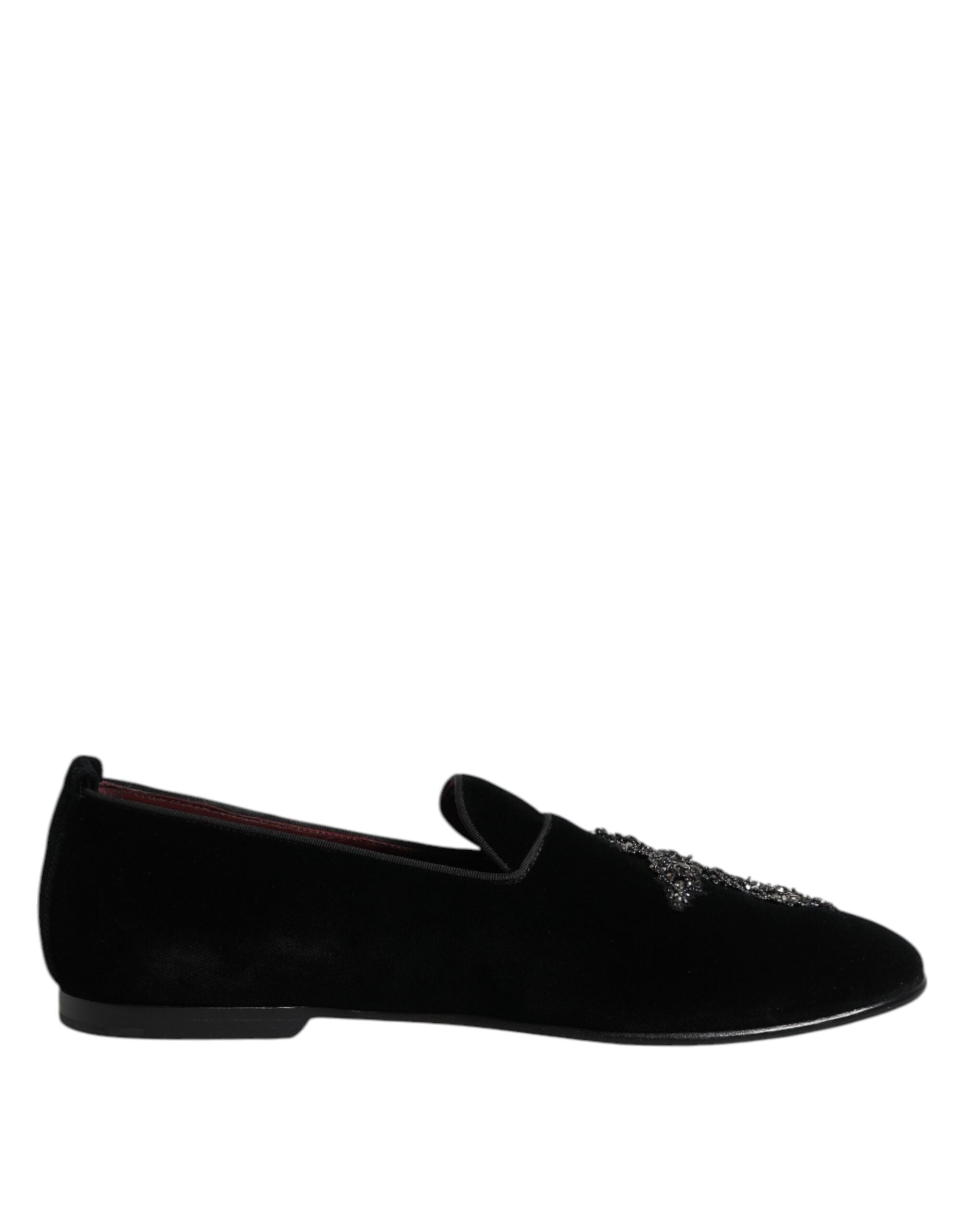 Dolce & Gabbana Black Velvet Embellished Loafer Slip-On Shoes