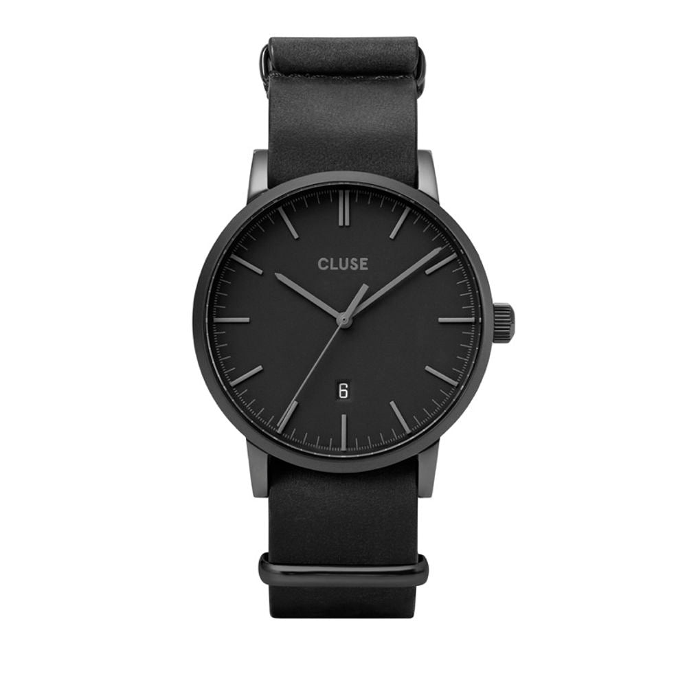 Cluse Schwarze Lederkleid-Uhr