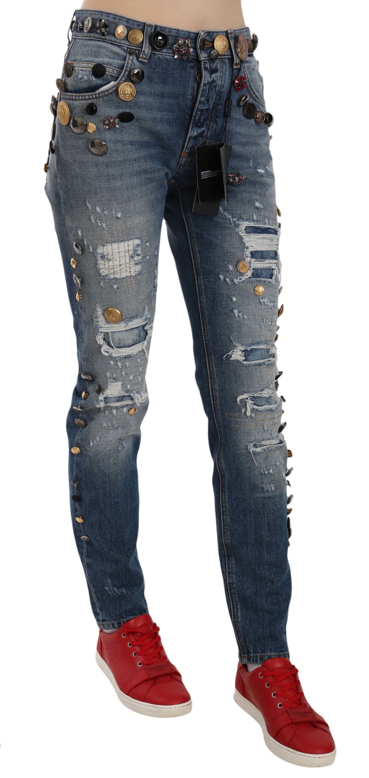 Dolce & Gabbana Distressed Embellished Button Denim Pants Jeans