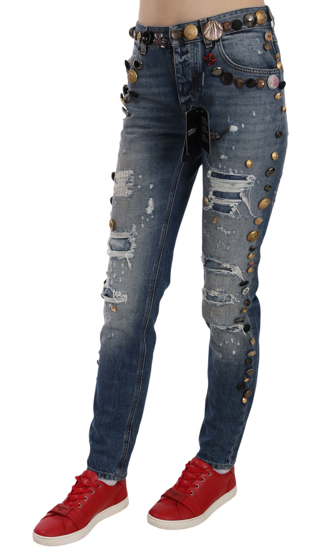 Dolce & Gabbana Distressed Embellished Button Denim Pants Jeans