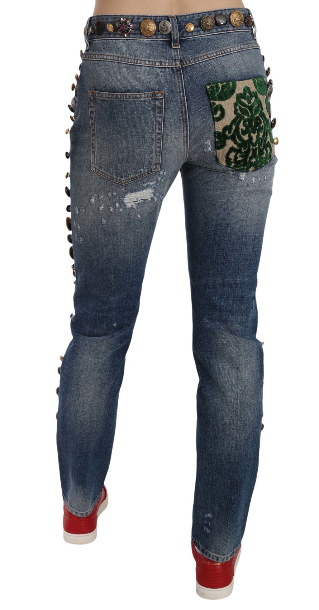 Dolce & Gabbana Distressed Embellished Button Denim Pants Jeans