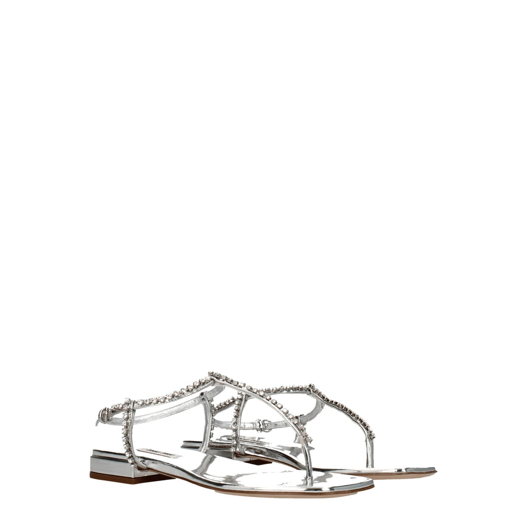 Miu Miu Grey Leather Flip-Flop Sandals
