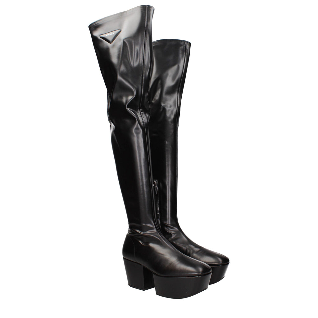 Prada Schwarze Leder Overknee-Stiefel