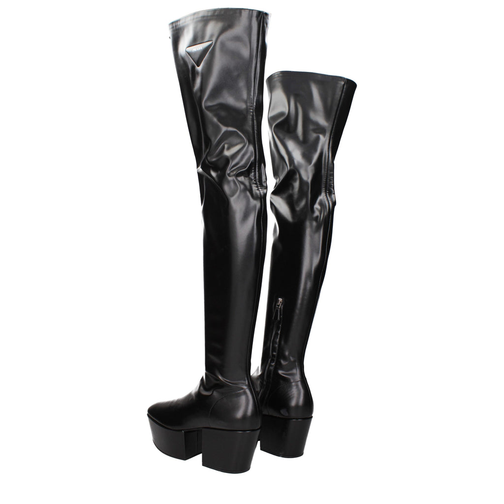 Prada Schwarze Leder Overknee-Stiefel
