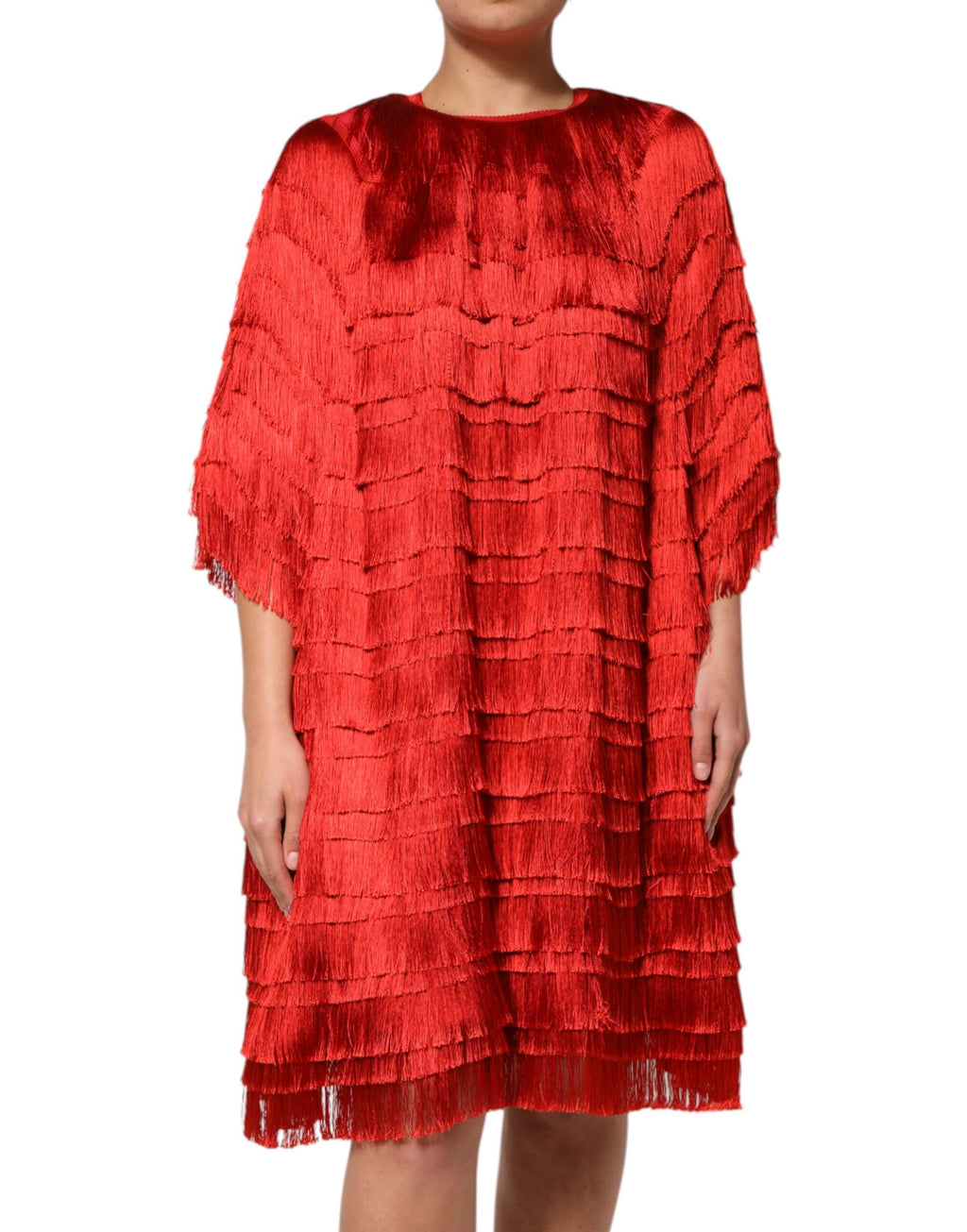 Dolce & Gabbana Red Silk Knee-Length Fringe Dress