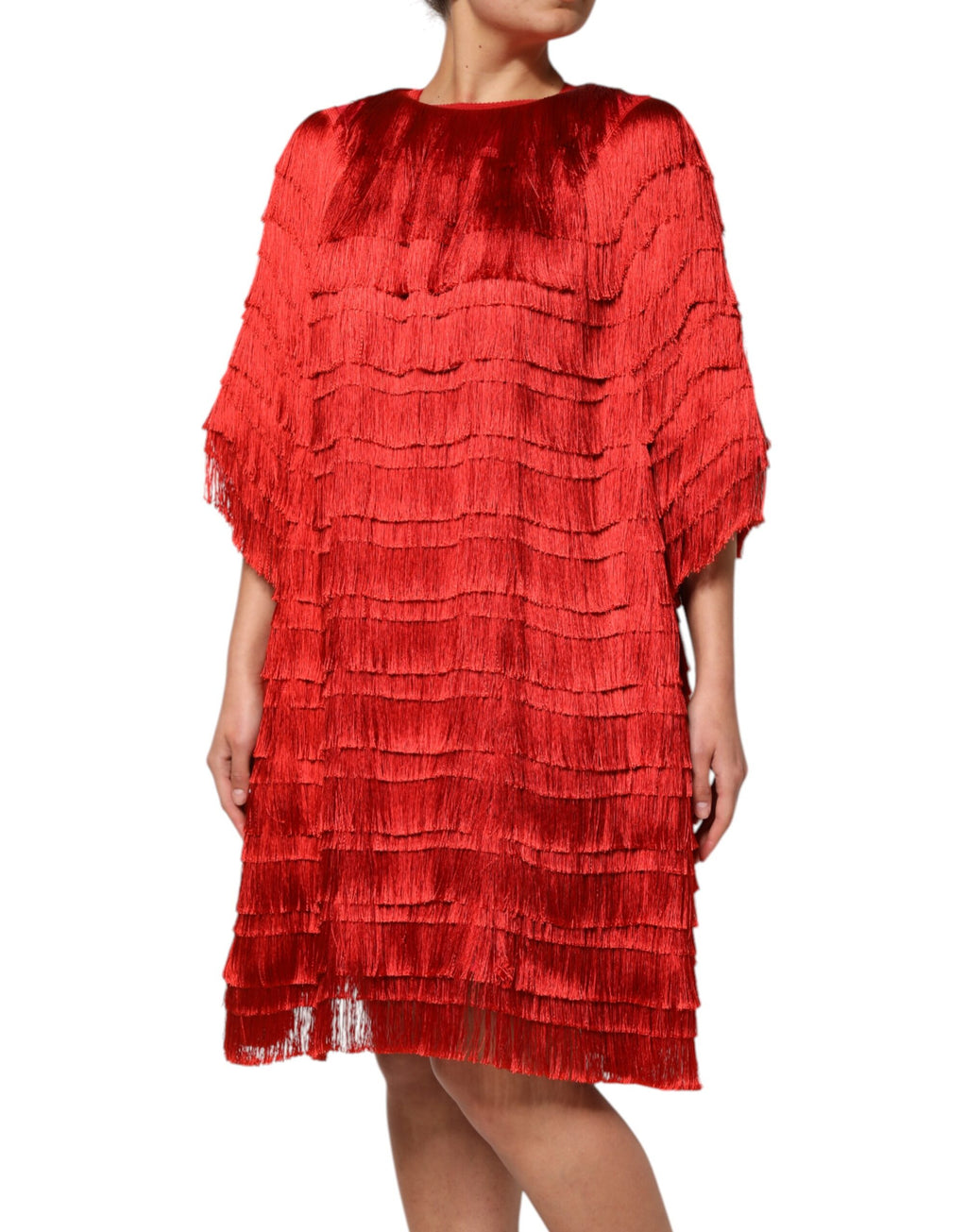 Dolce & Gabbana Red Silk Knee-Length Fringe Dress