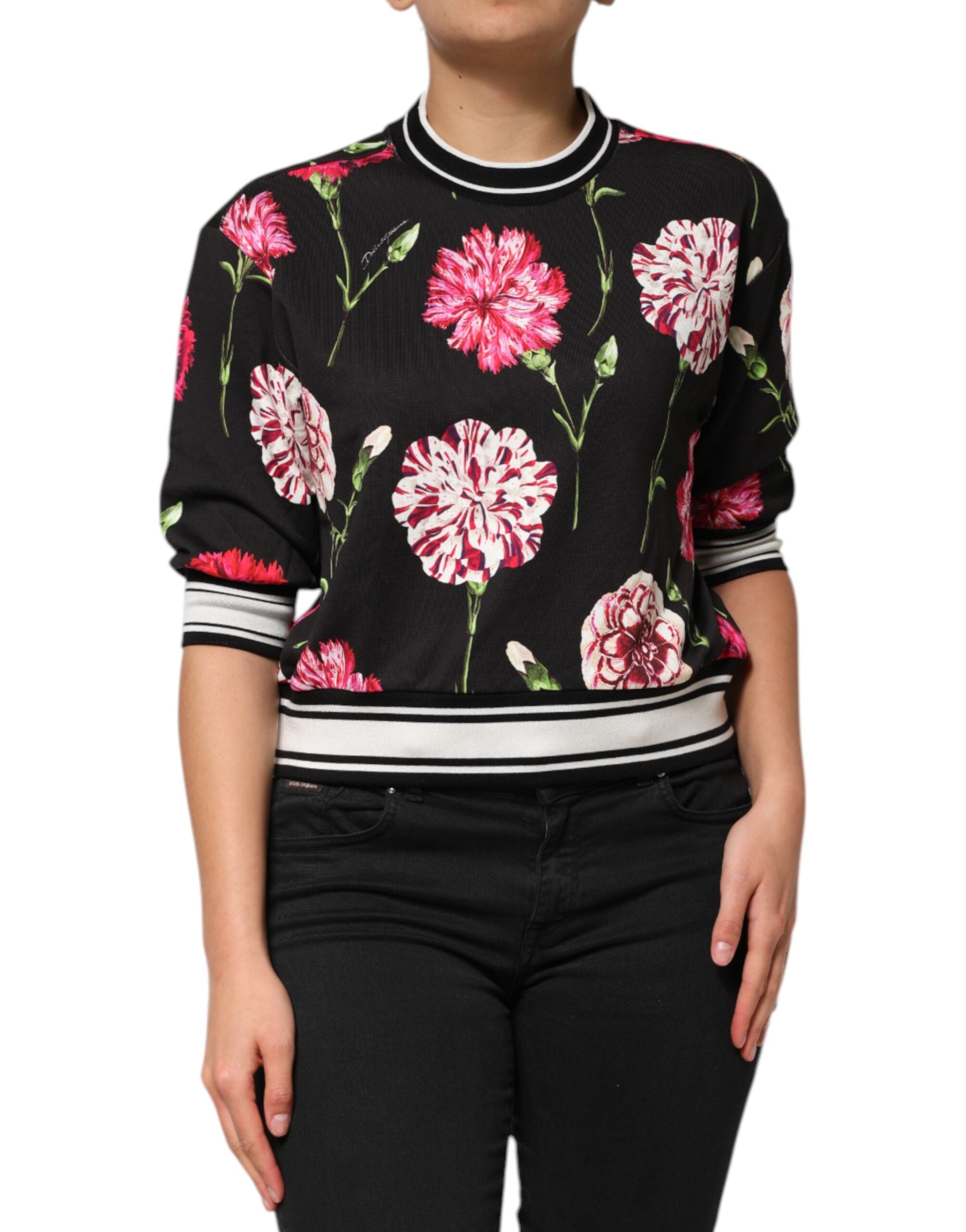 Dolce & Gabbana Black Floral Print Cotton Top with Short Sleeves