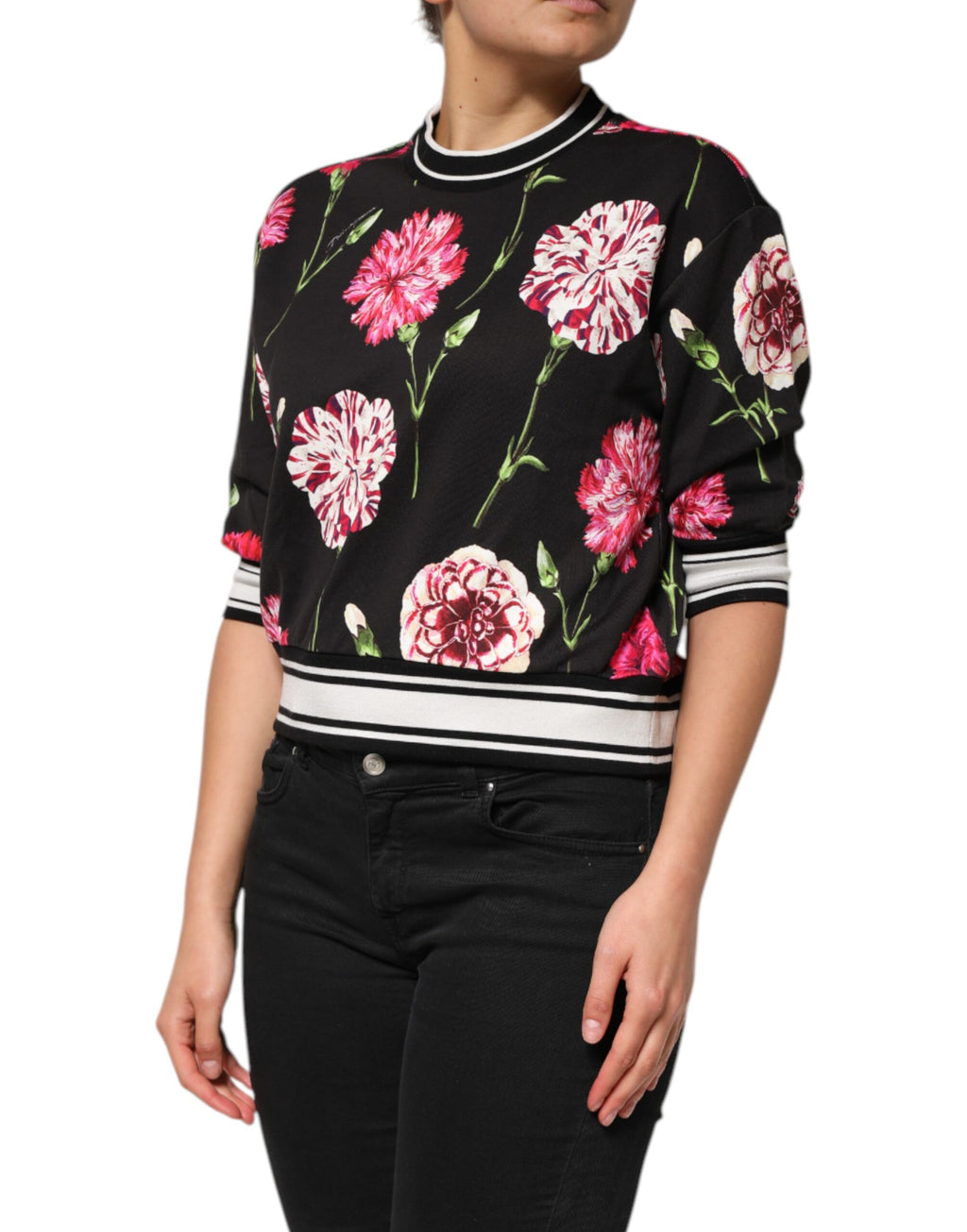 Dolce & Gabbana Black Floral Print Cotton Top with Short Sleeves