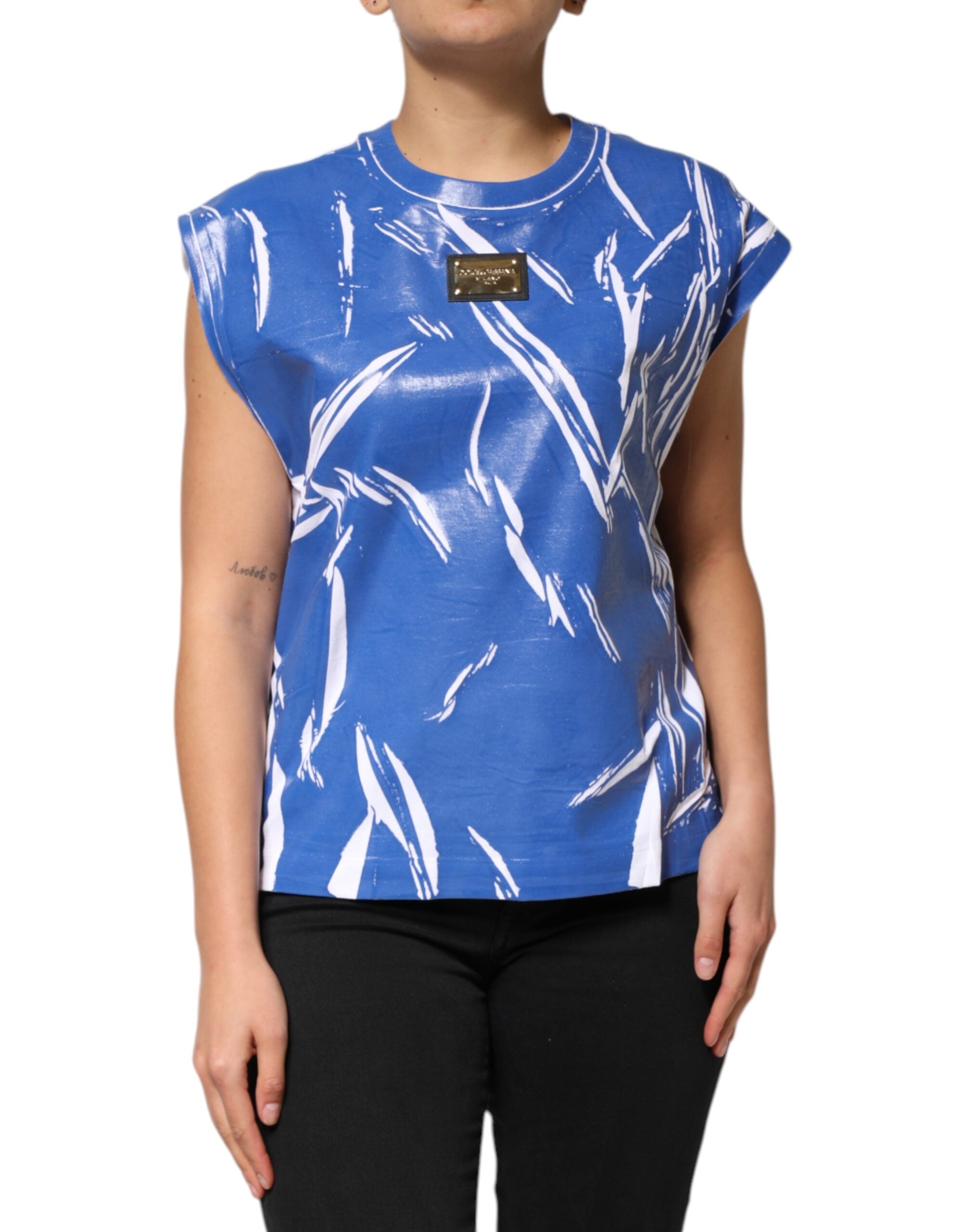 Dolce & Gabbana Blue White Cotton Logo Plaque Women's Tank Top