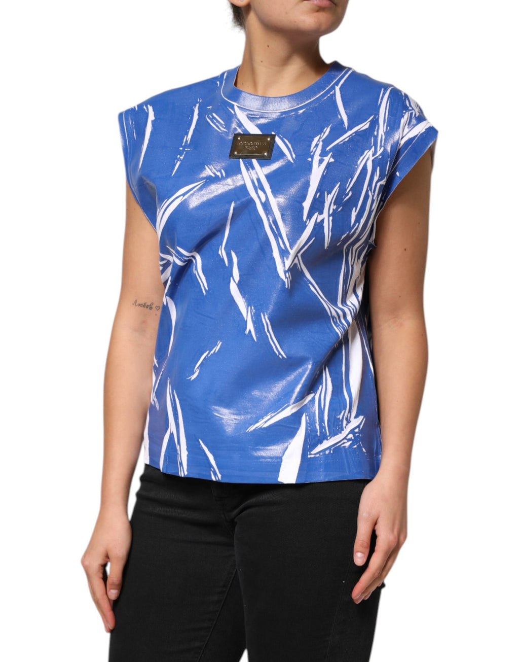 Dolce & Gabbana Blue White Cotton Logo Plaque Women's Tank Top