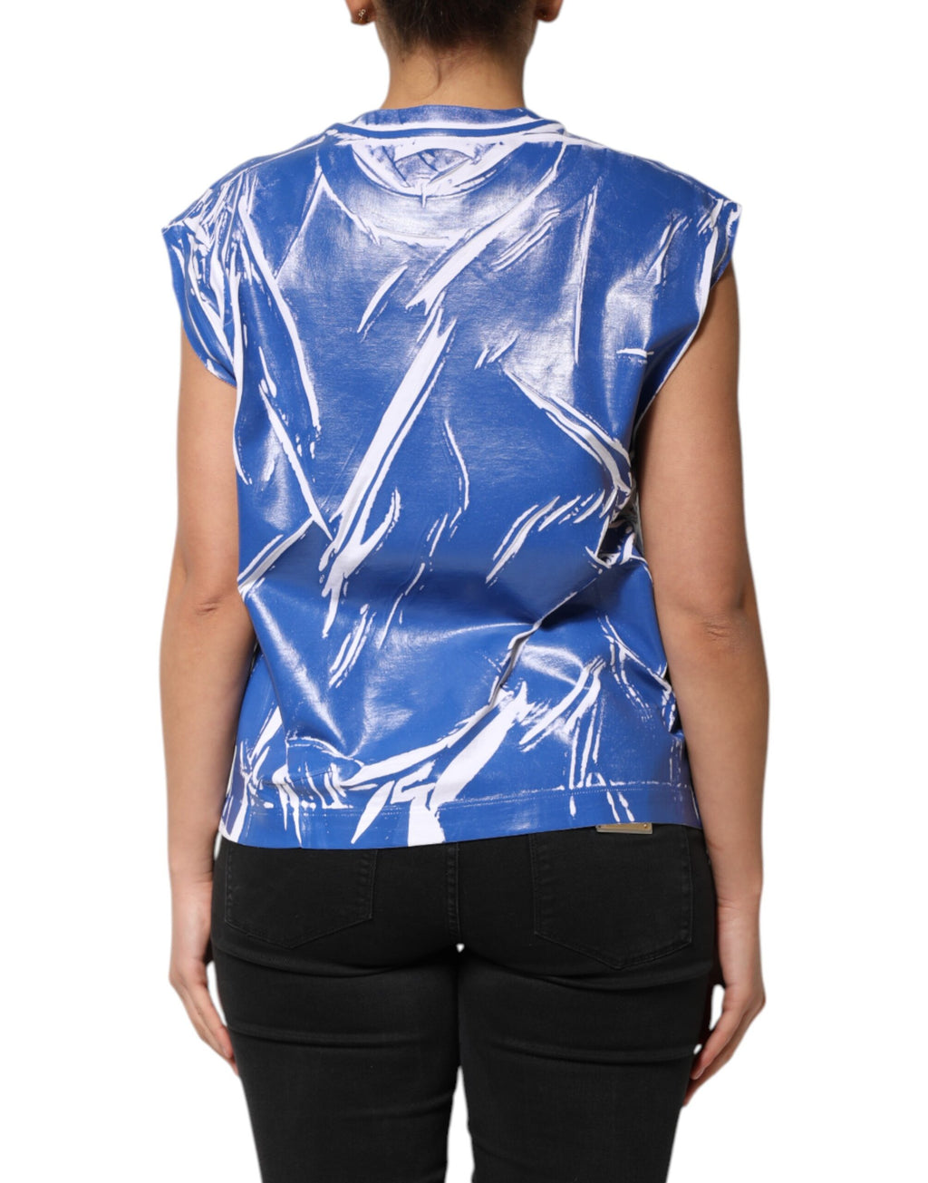 Dolce & Gabbana Blue White Cotton Logo Plaque Women's Tank Top