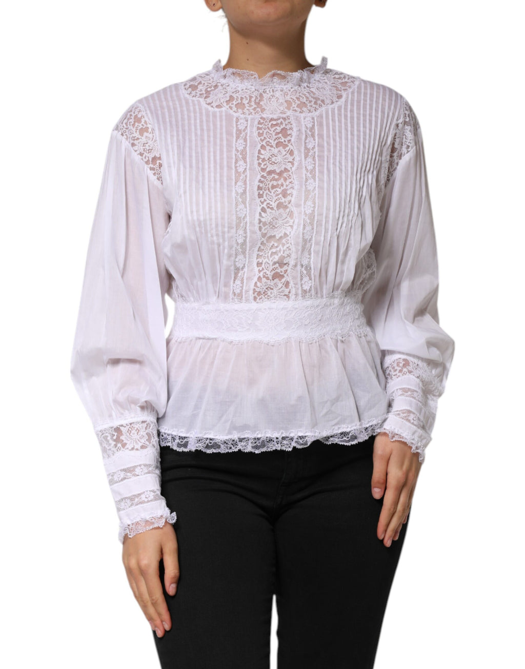 Dolce & Gabbana Weißes Baumwoll-Top mit geblümter Spitze und langen Ärmeln