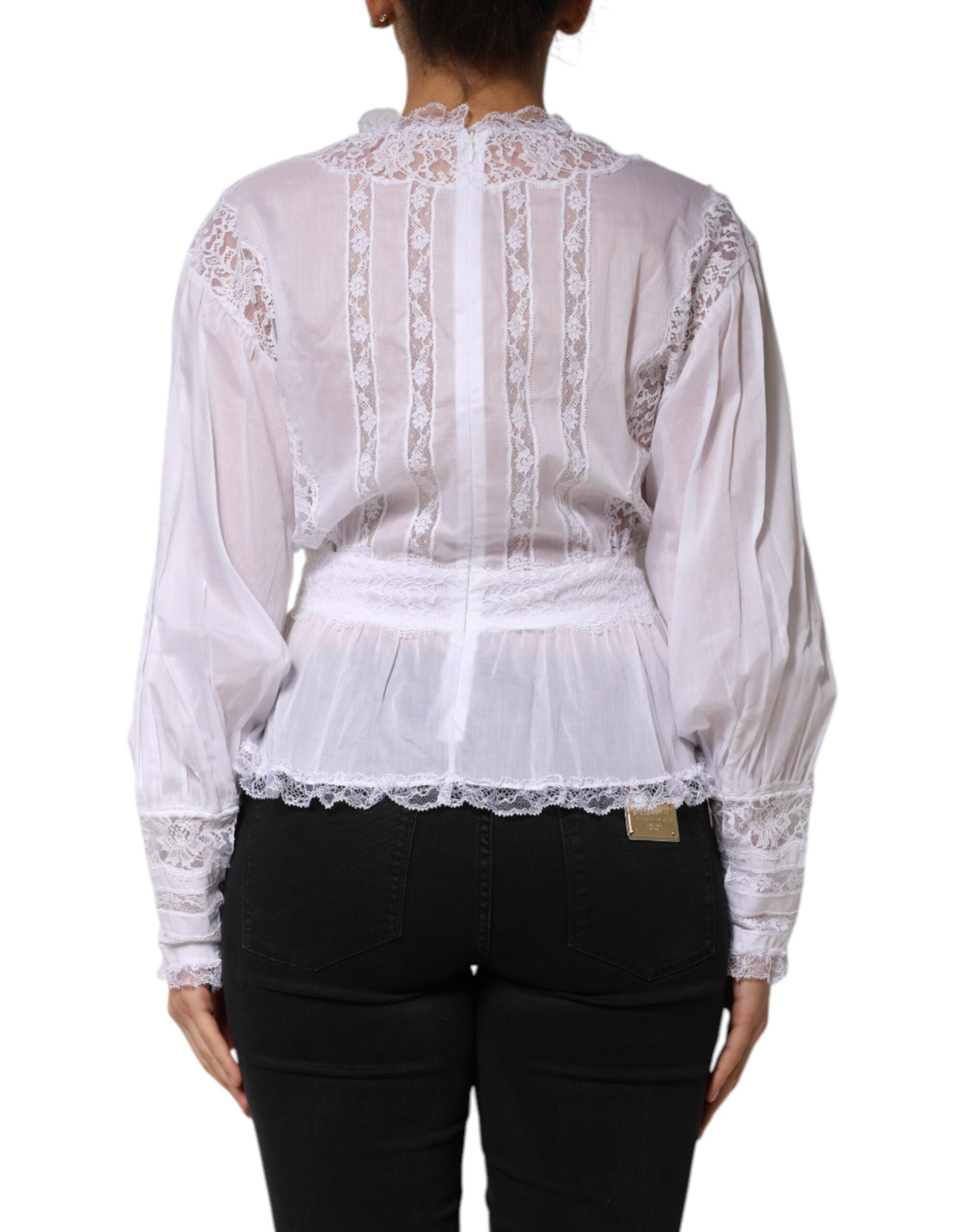 Dolce & Gabbana Weißes Baumwoll-Top mit geblümter Spitze und langen Ärmeln