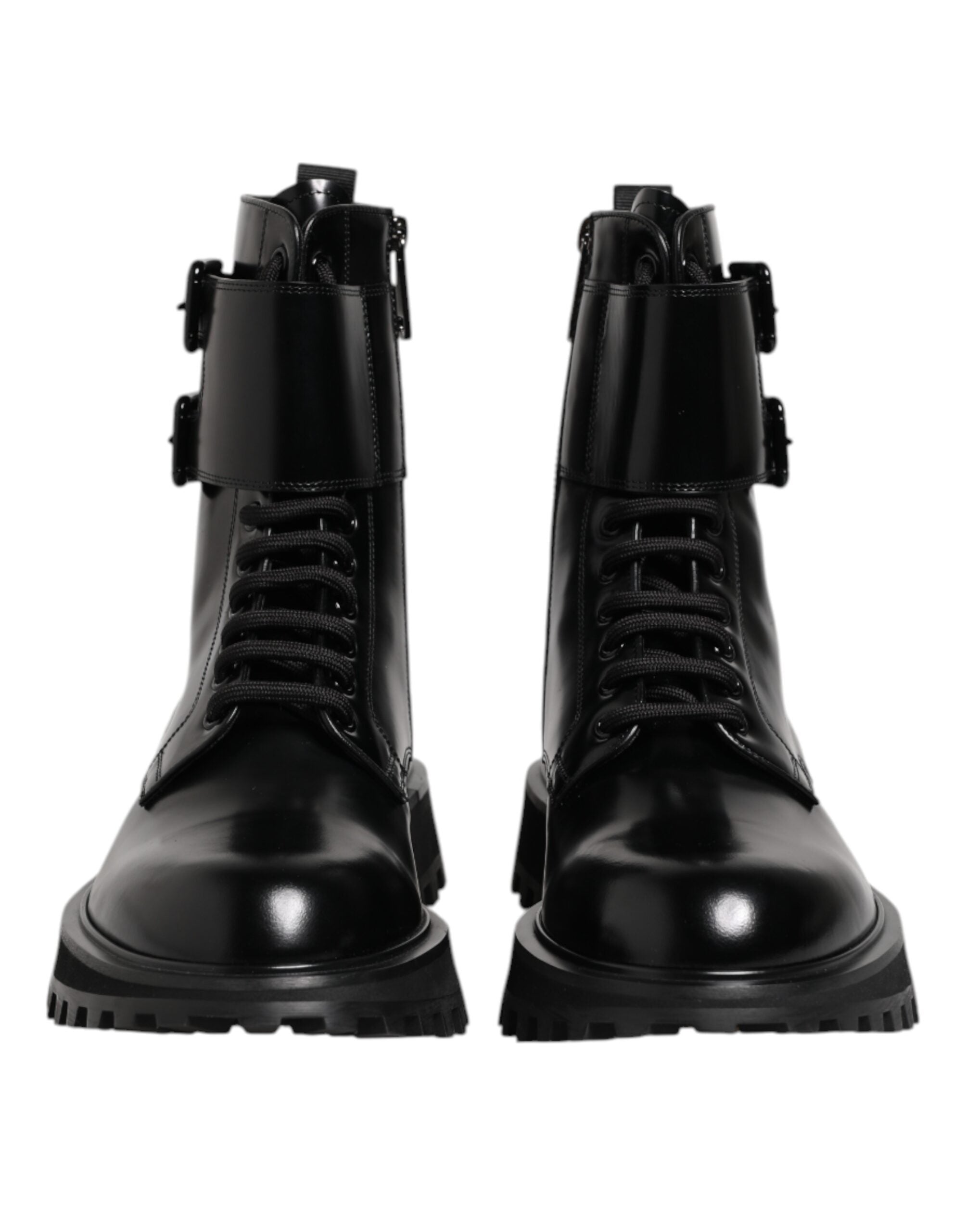 Dolce & Gabbana Black Leather Lace-Up Mid-Calf Boots Shoes