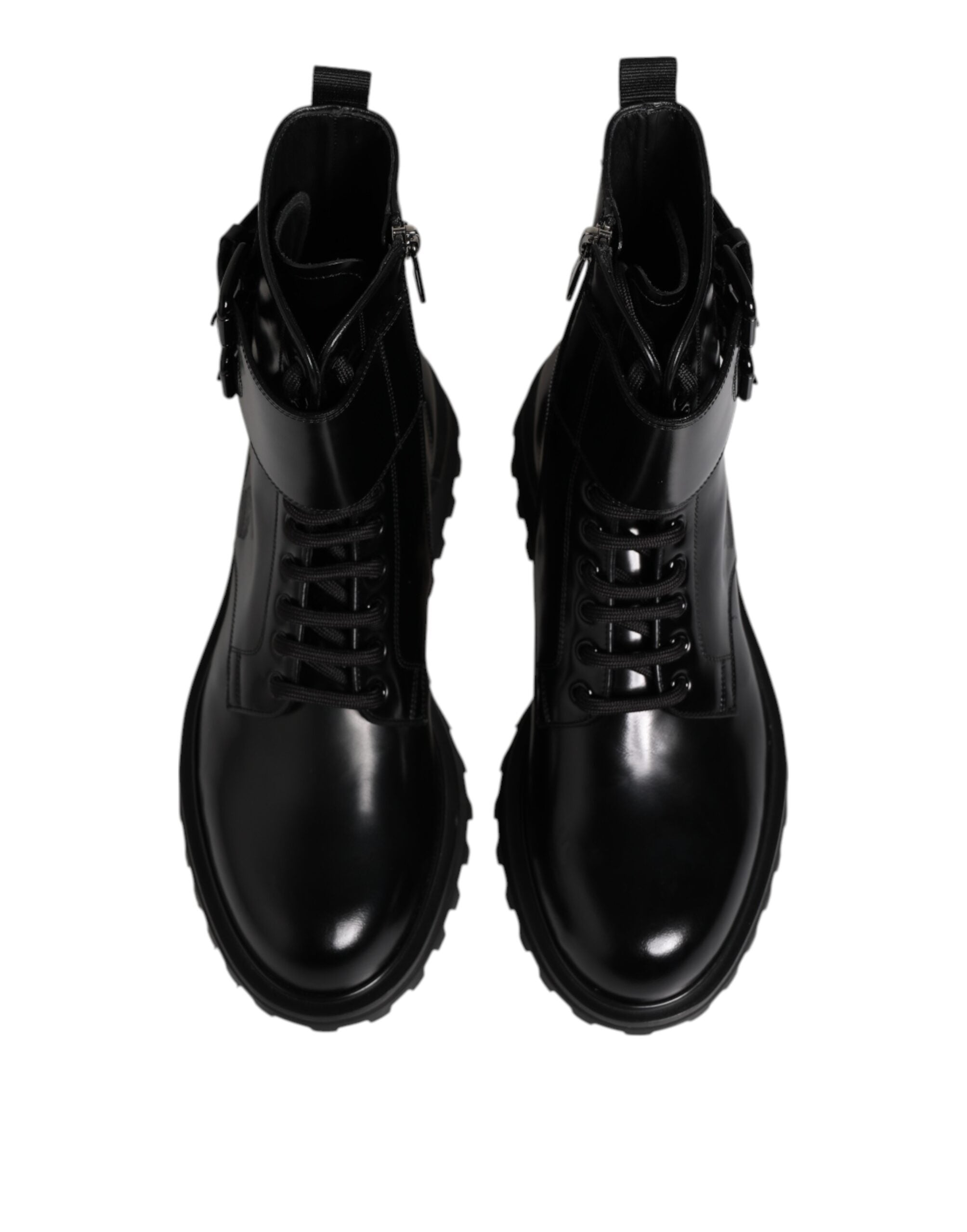 Dolce & Gabbana Black Leather Lace-Up Mid-Calf Boots Shoes