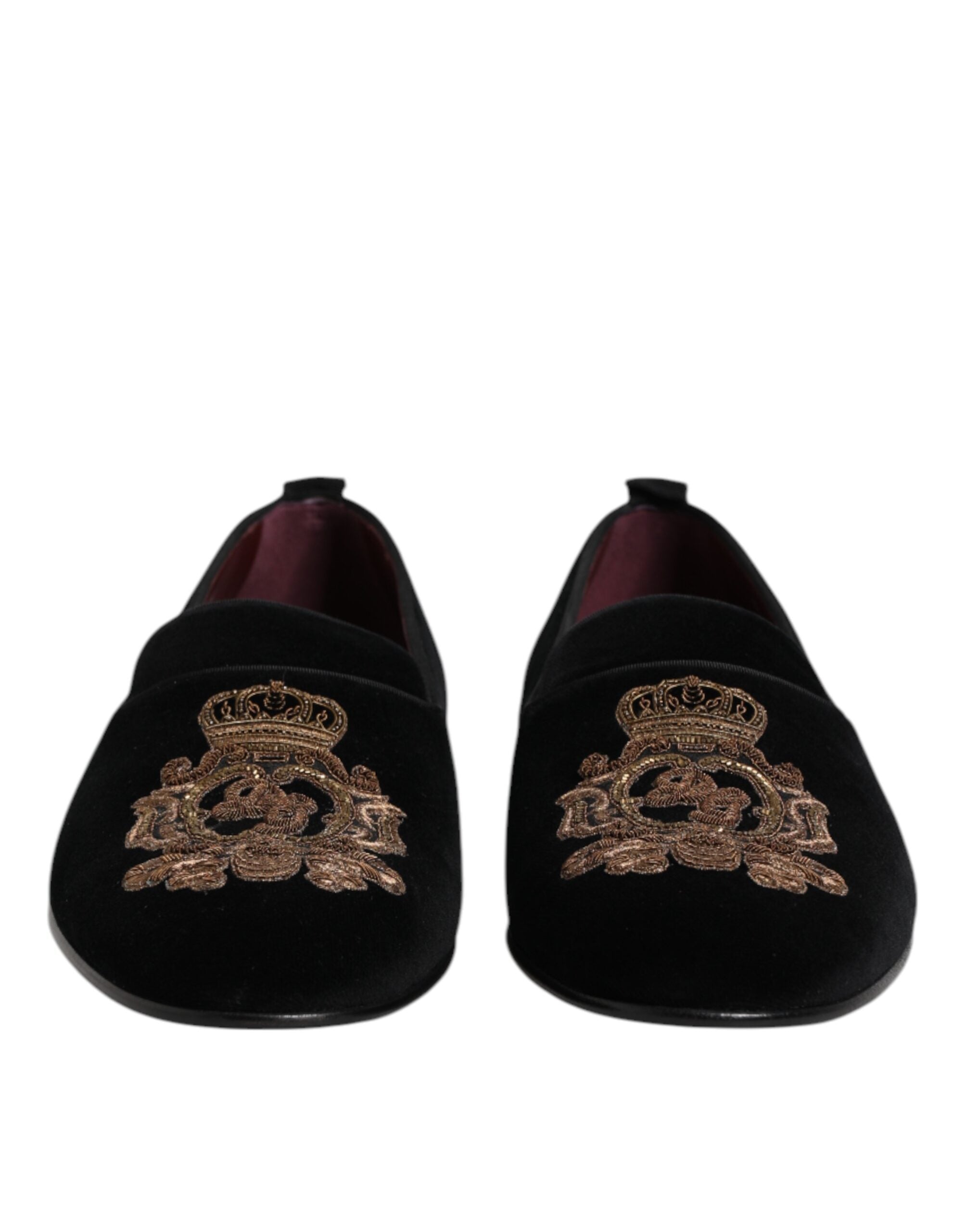 Dolce & Gabbana Black Velvet Gold Crown Men's Loafers Shoes