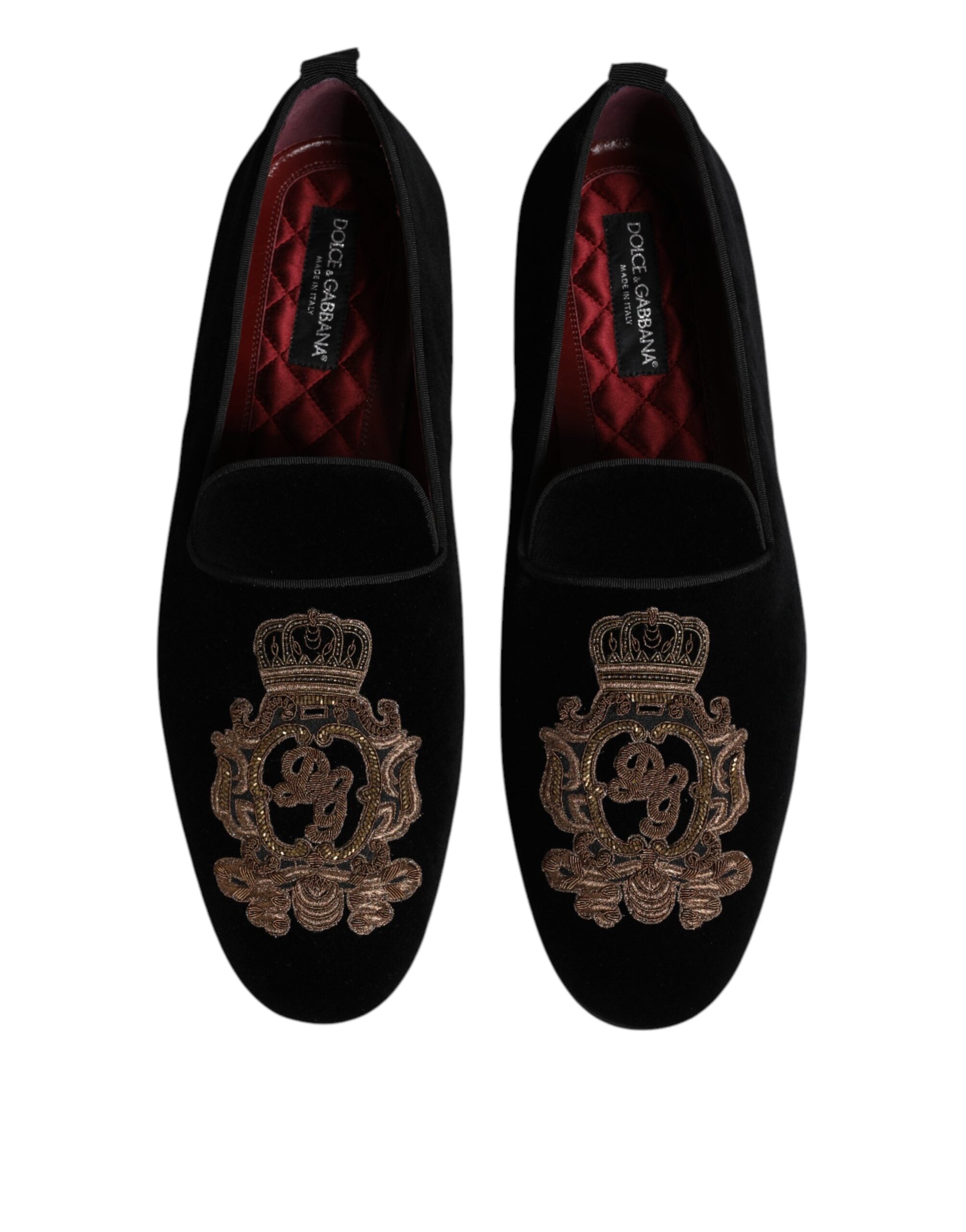 Dolce & Gabbana Black Velvet Gold Crown Men's Loafers Shoes
