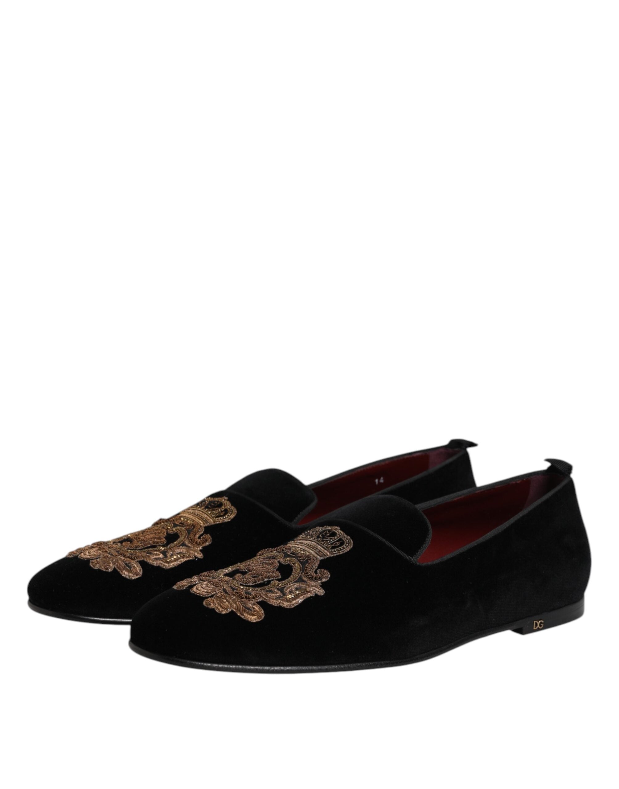 Dolce & Gabbana Black Velvet Gold Crown Men's Loafers Shoes