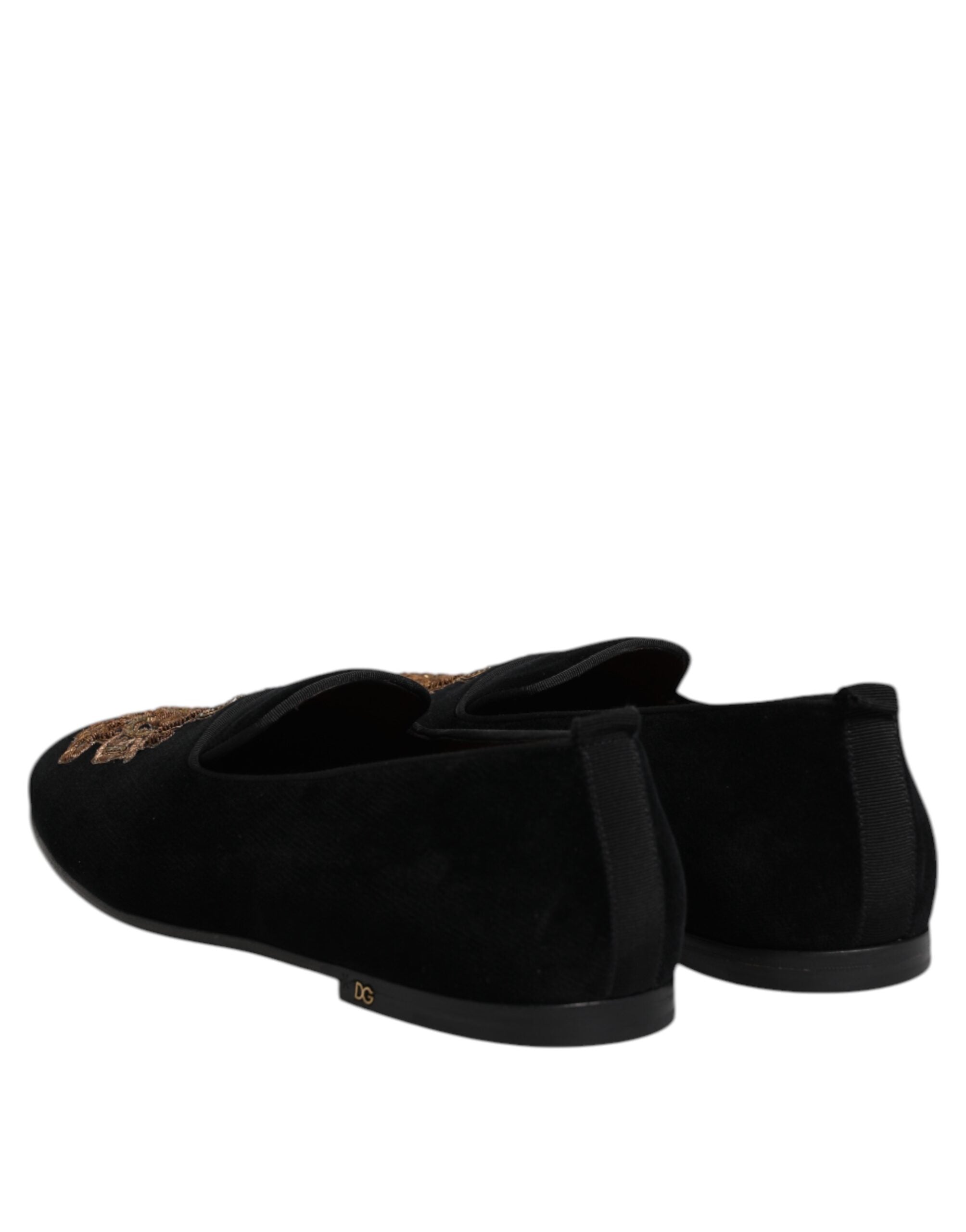 Dolce & Gabbana Black Velvet Gold Crown Men's Loafers Shoes