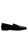 Dolce & Gabbana Black Velvet Gold Crown Men's Loafers Shoes