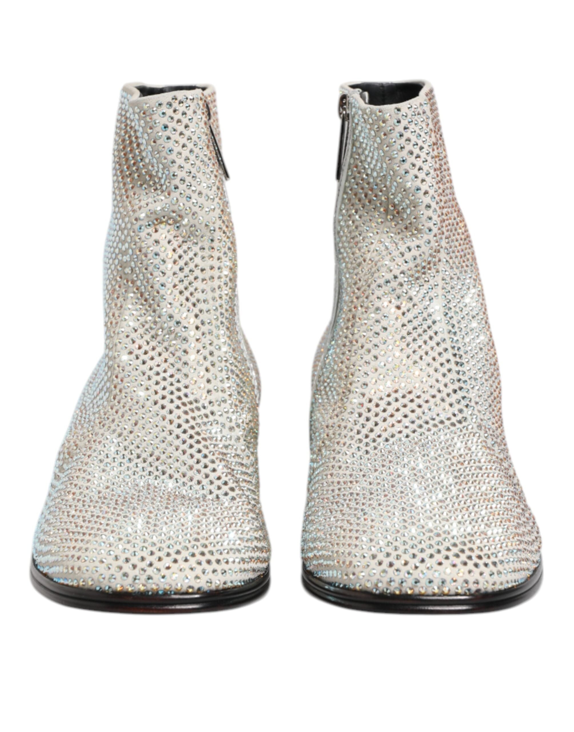 Dolce & Gabbana White Rhinestone DG Logo Heel Ankle Boots Shoes