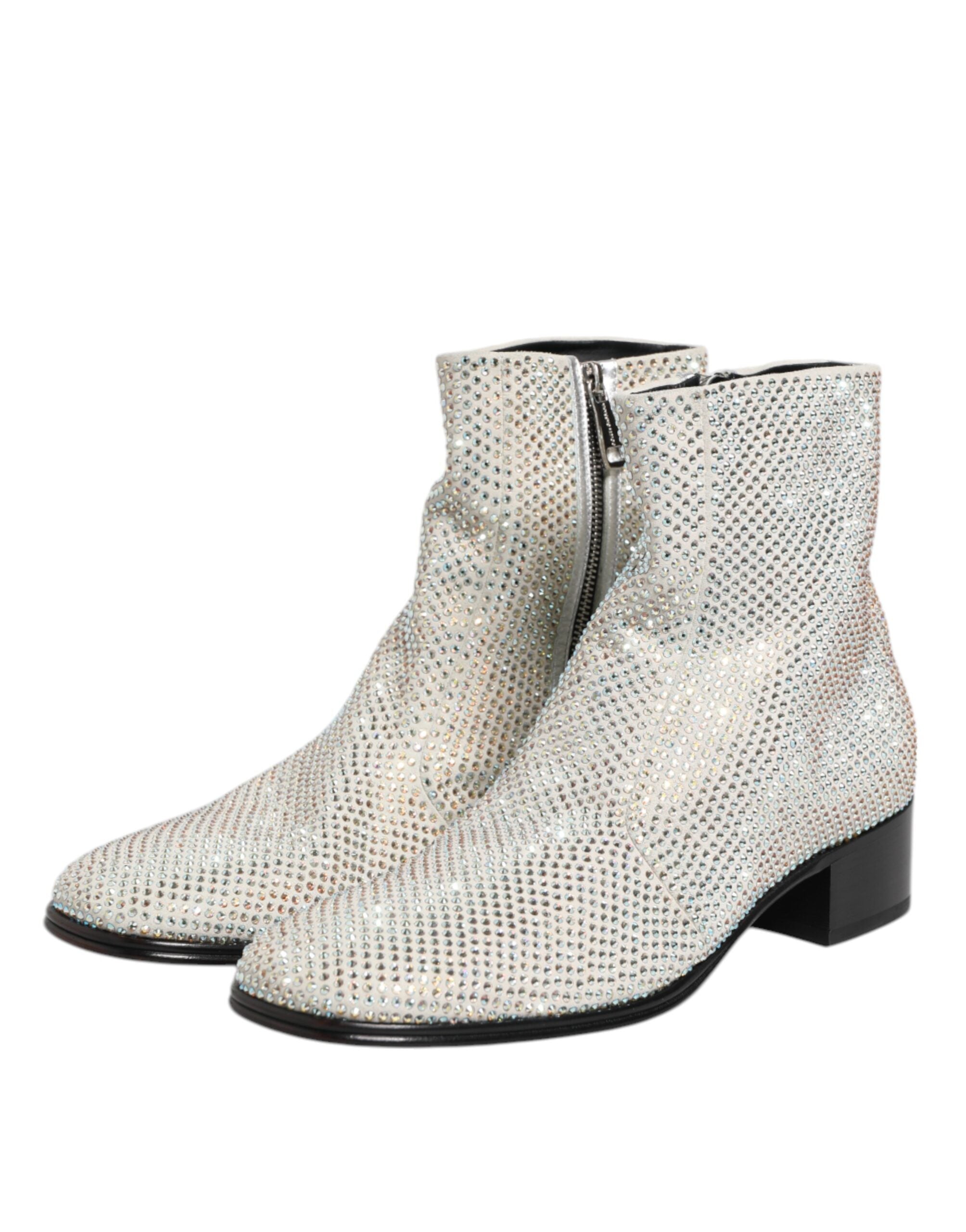 Dolce & Gabbana White Rhinestone DG Logo Heel Ankle Boots Shoes