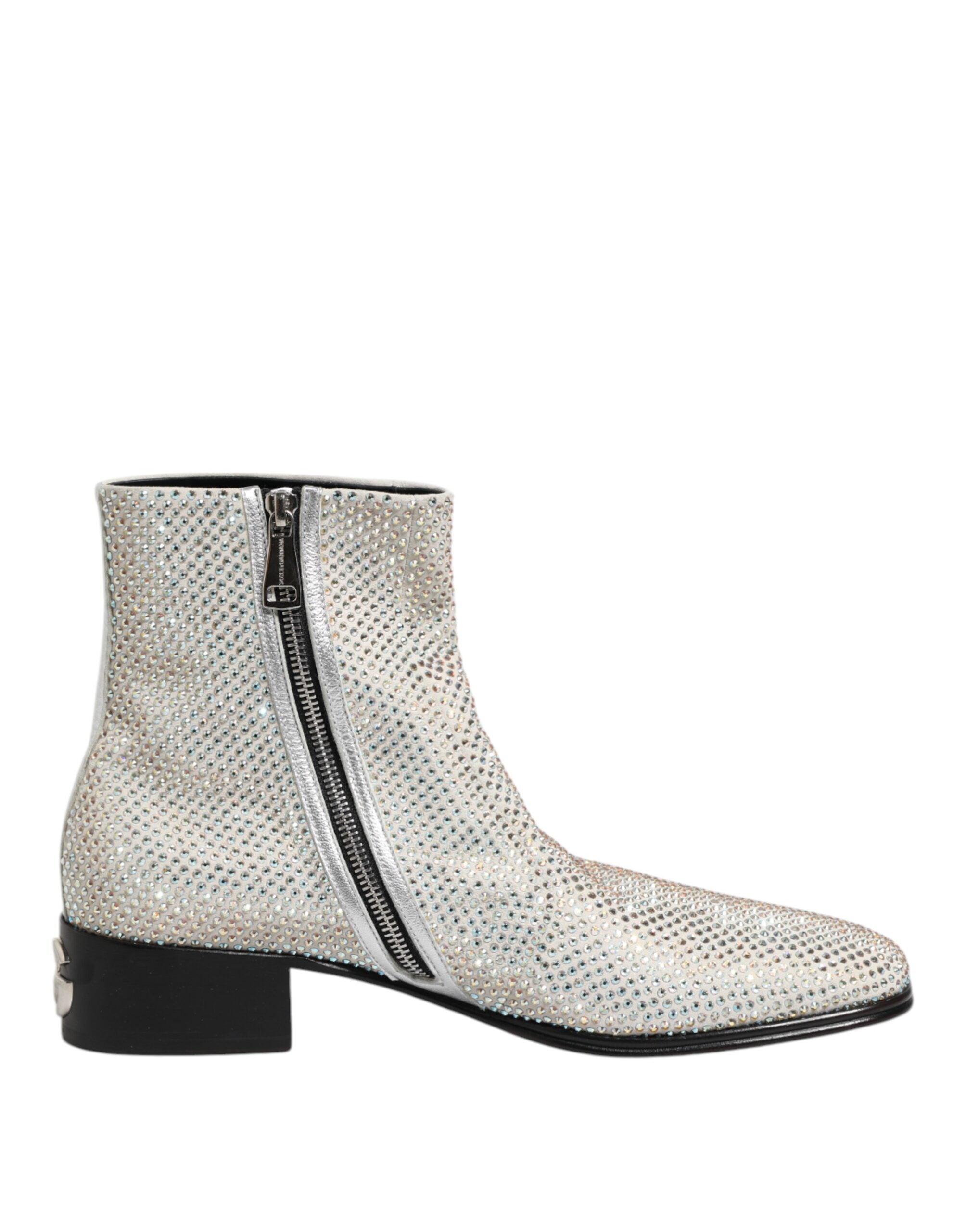 Dolce & Gabbana White Rhinestone DG Logo Heel Ankle Boots Shoes