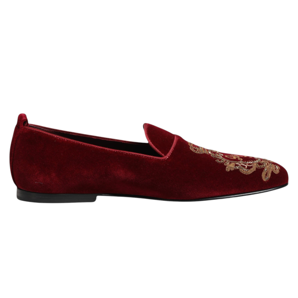 Dolce & Gabbana Red Velvet Gold Crown Men's Loafers Shoes