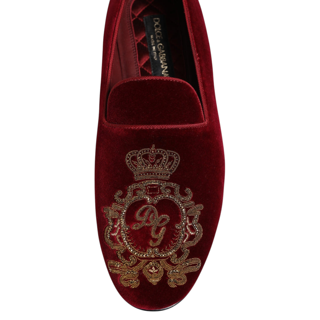 Dolce & Gabbana Red Velvet Gold Crown Men's Loafers Shoes