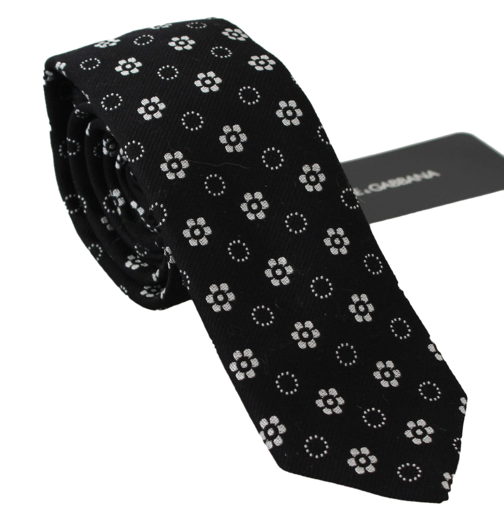 Dolce & Gabbana Black Floral Print 100% Silk Tie