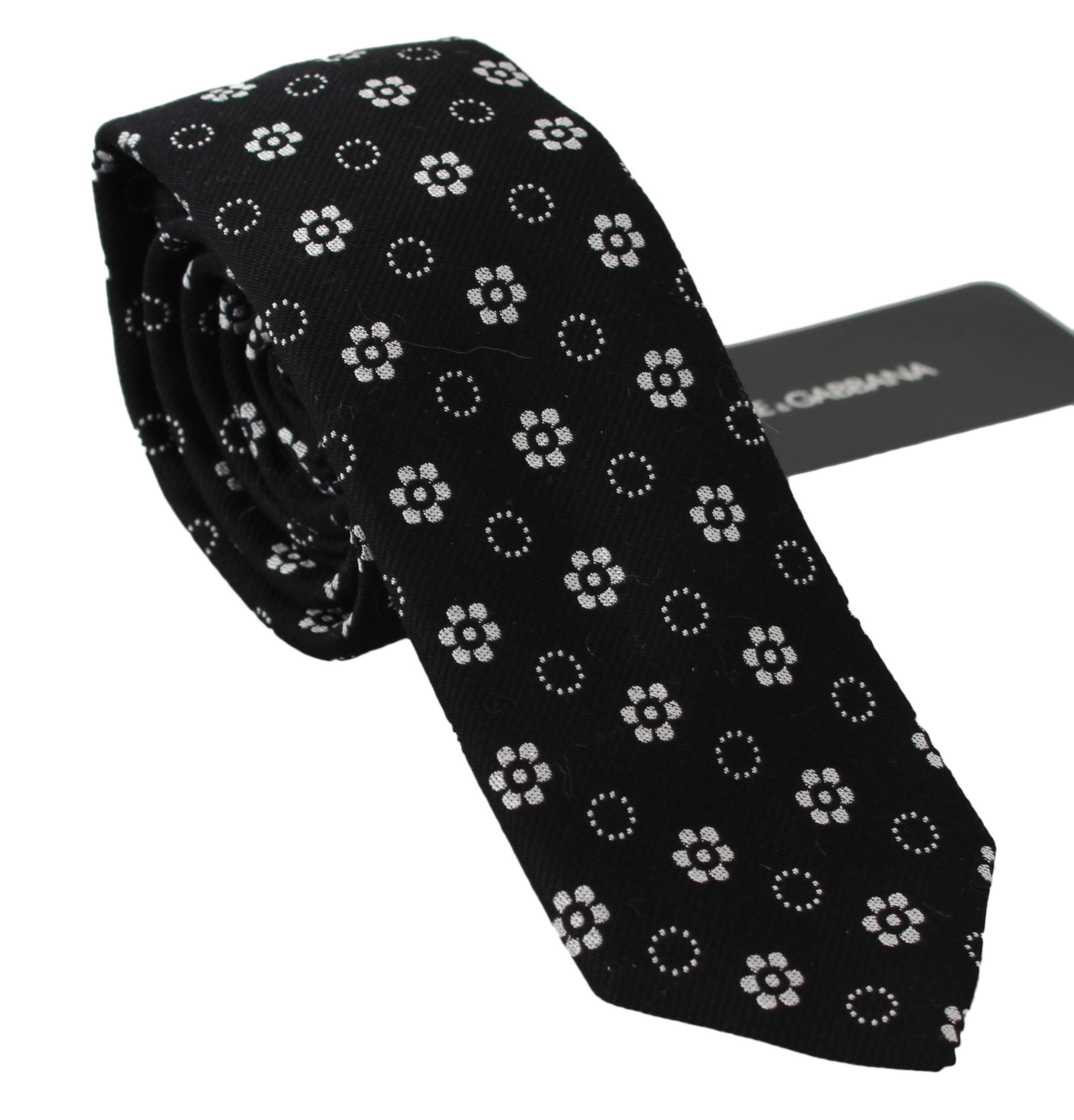 Dolce & Gabbana Black Floral Print 100% Silk Tie