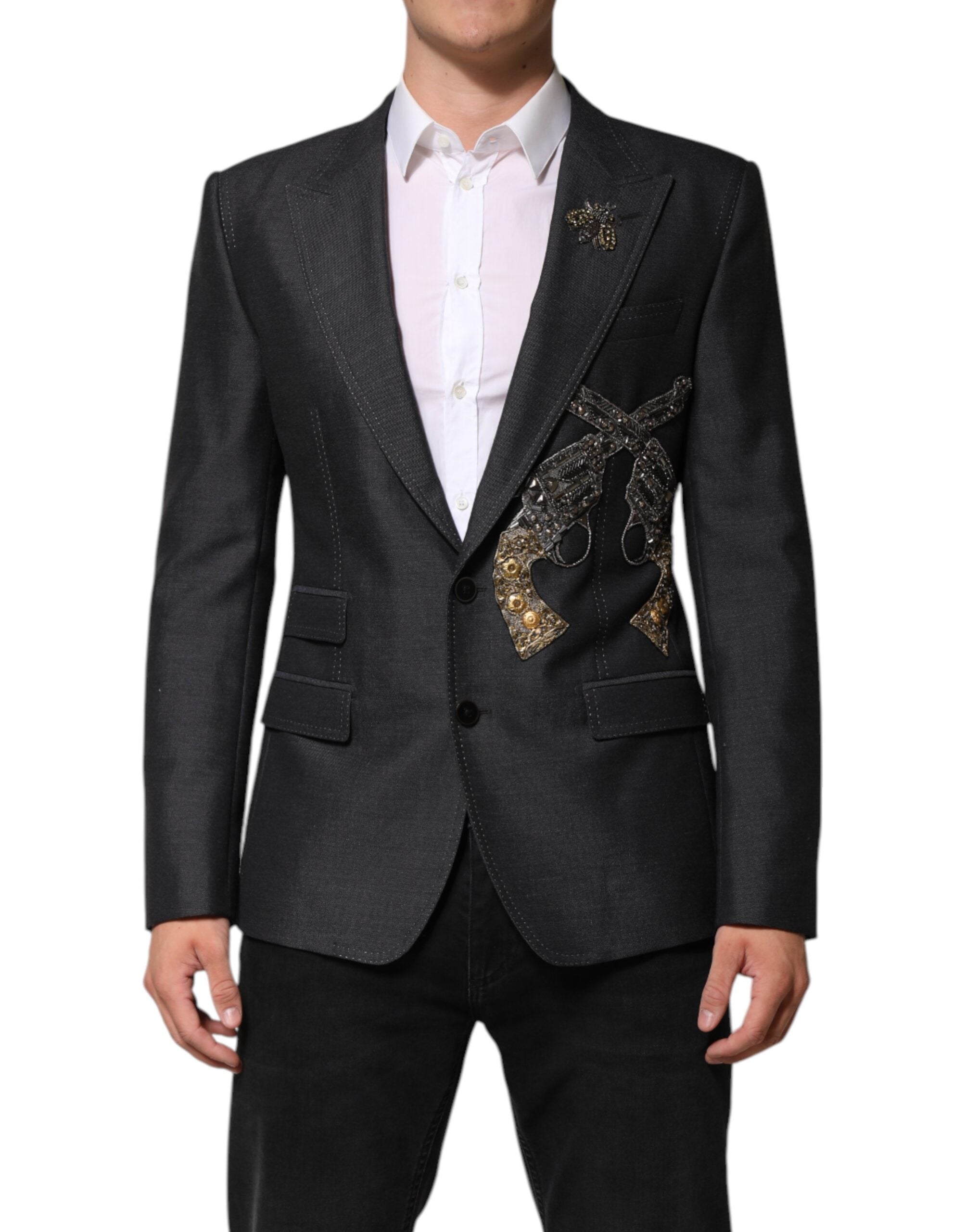 Dolce & Gabbana Dark Grey Wool Coat with Bee Embroidery Blazer