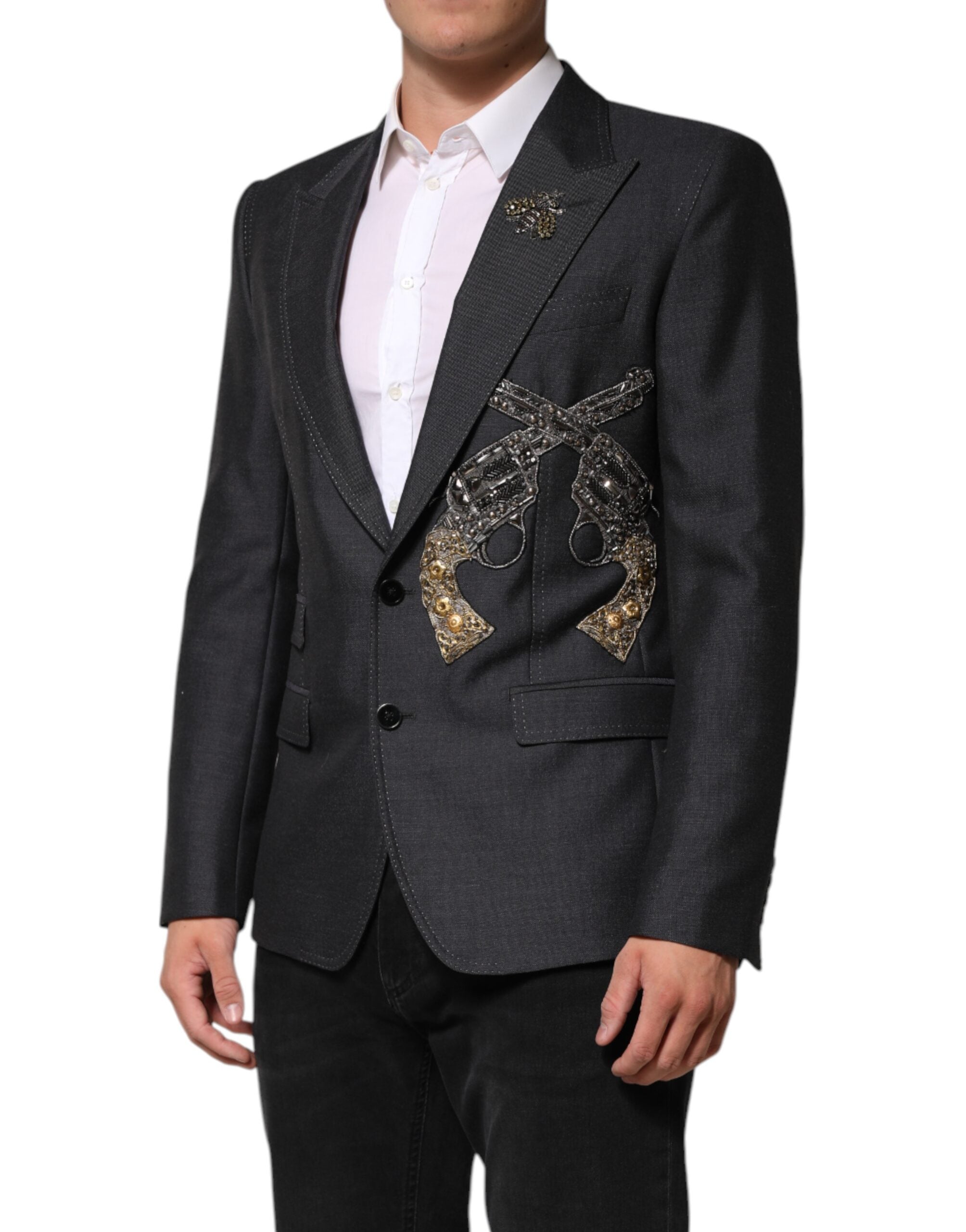 Dolce & Gabbana Dark Grey Wool Coat with Bee Embroidery Blazer