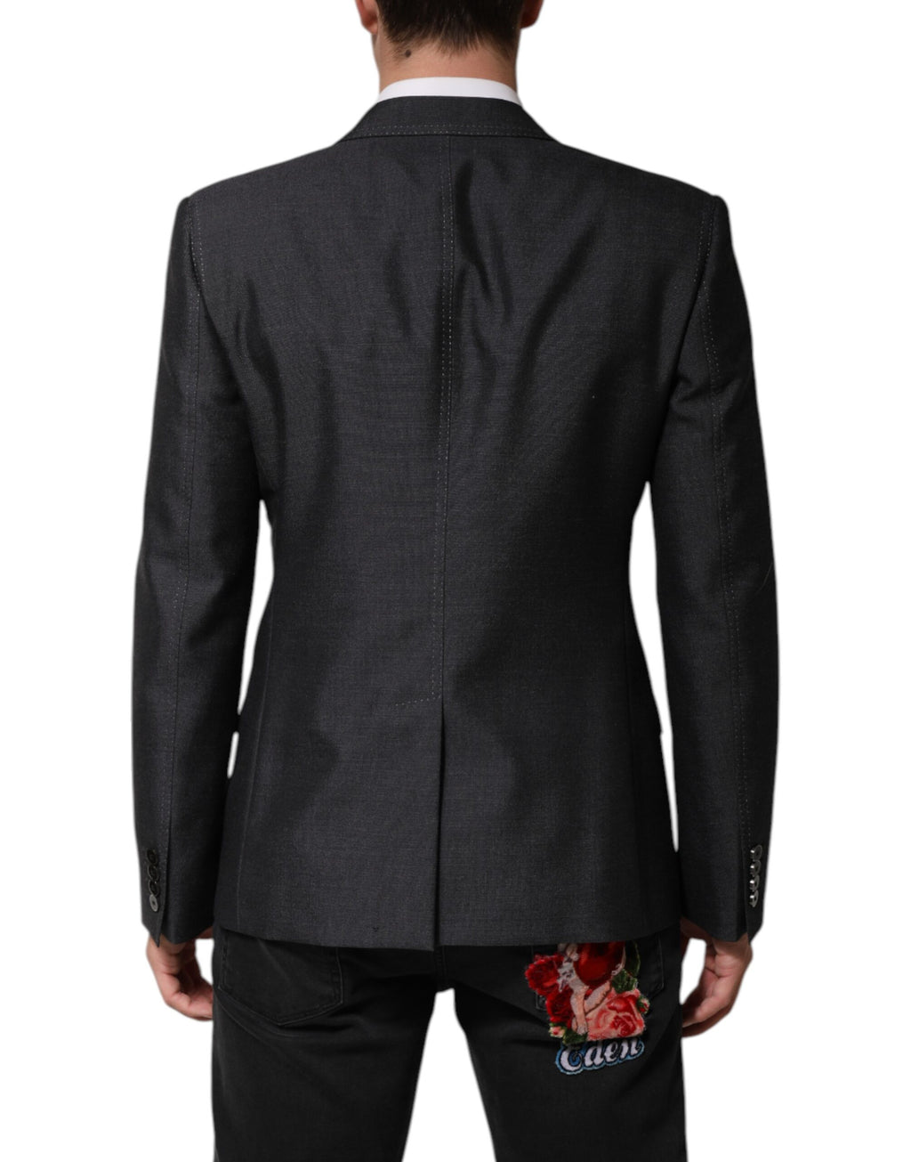 Dolce & Gabbana Dark Grey Wool Coat with Bee Embroidery Blazer